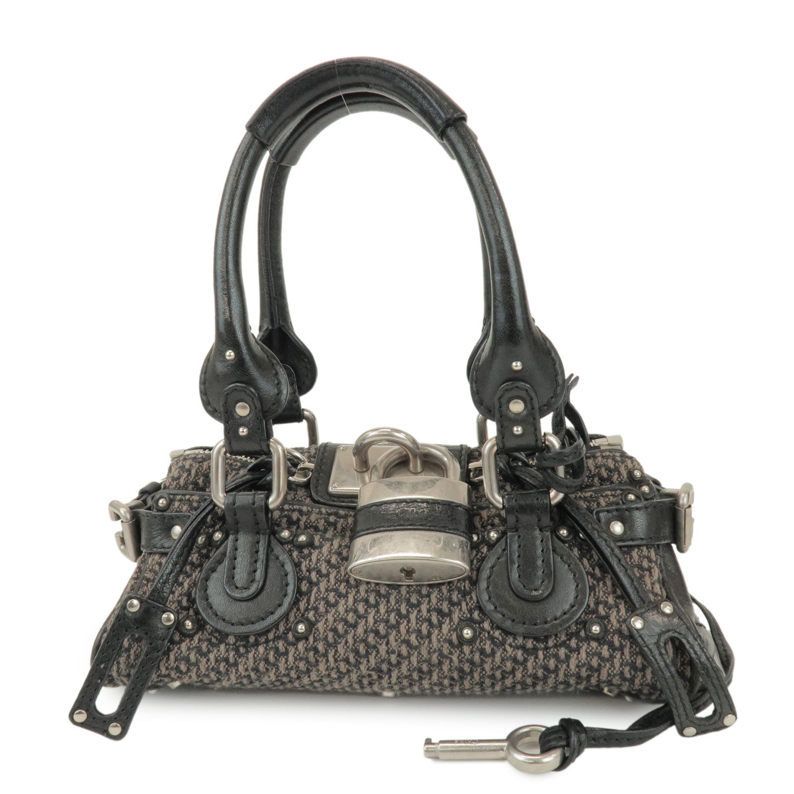 Chloe Paddington Mini Tweed Leather Hand Bag Black Brown