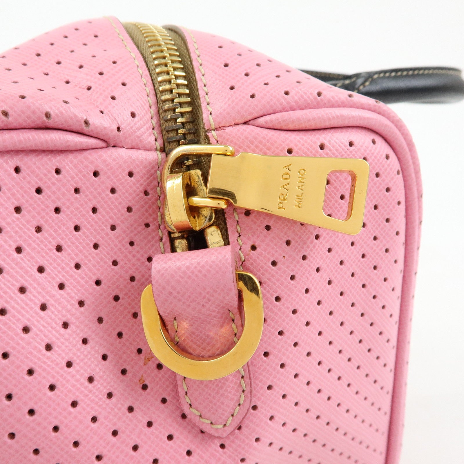 PRADA Triangle Logo Saffiano Punching Leather 2 Way Hand Bag BL0655