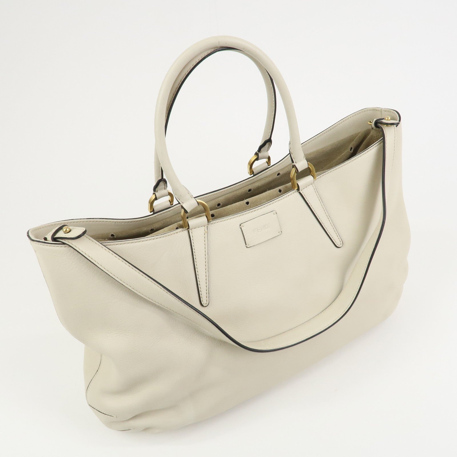 FENDI Logo Leather 2Way Bag Hand Bag Shoulder Bag Ivory 8BN238