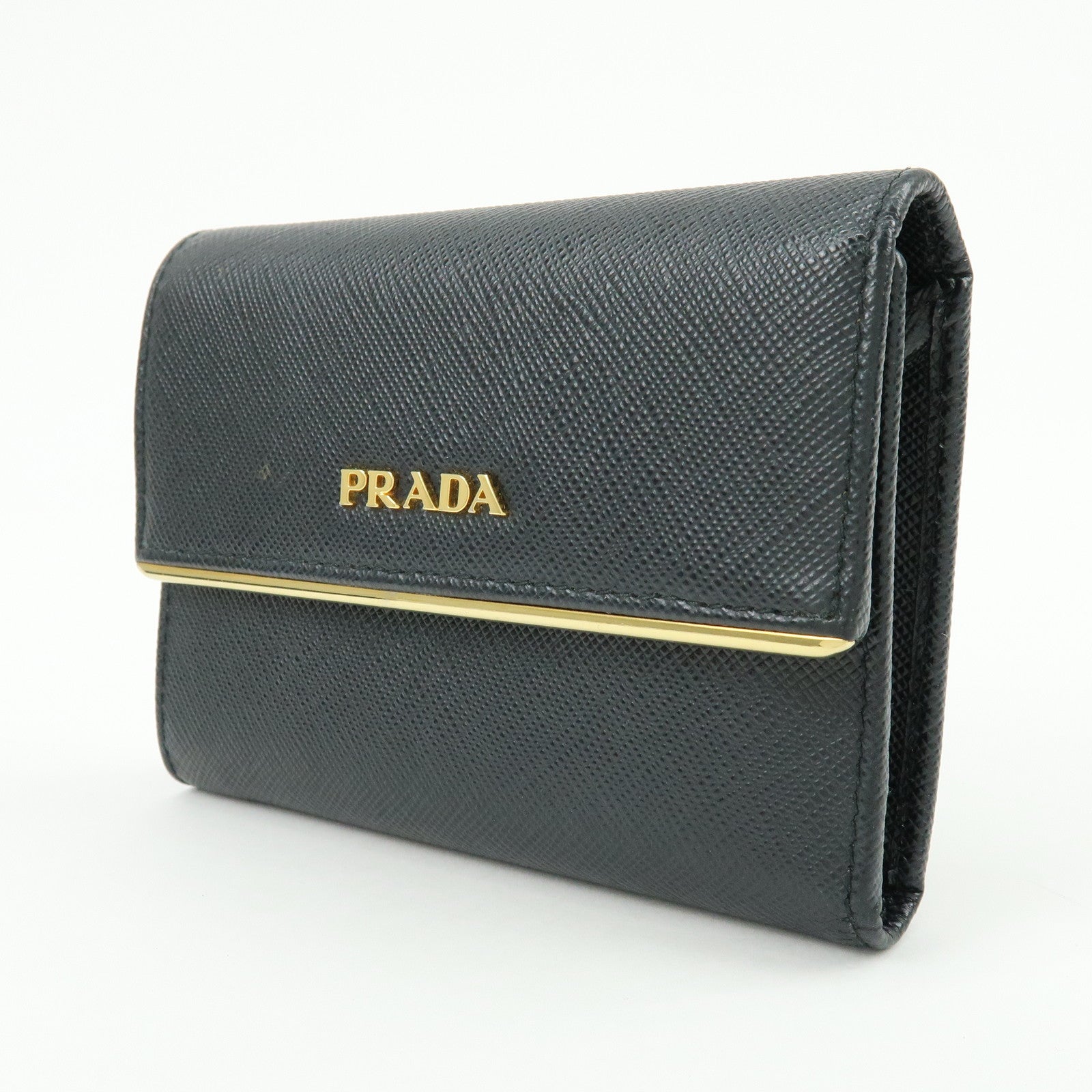 PRADA Saffiano Leather Bi-fold Compact Wallet Black Gold 1MH840