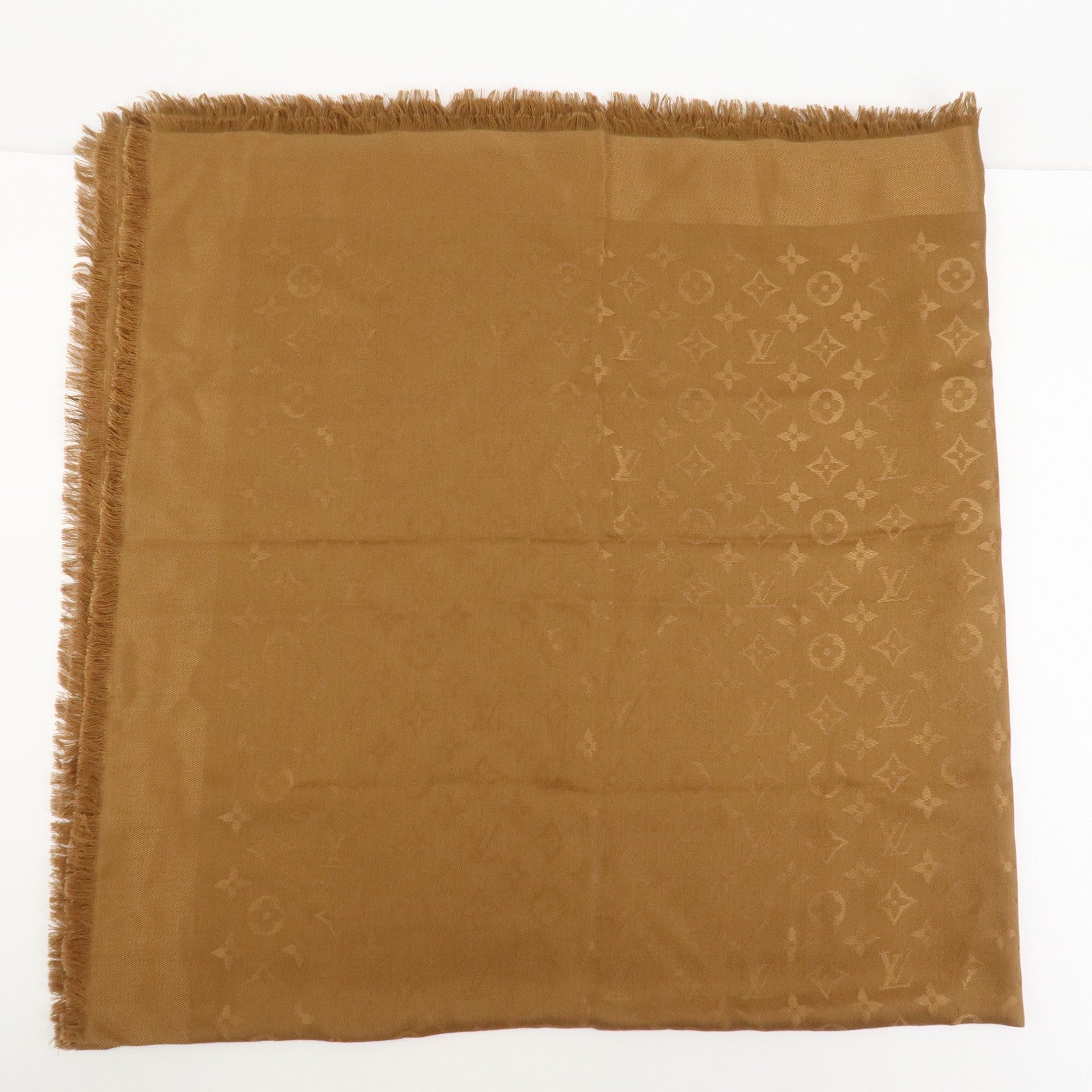 Louis Vuitton Monogram Silk Wool Shawl Scarf Light Brown M71155