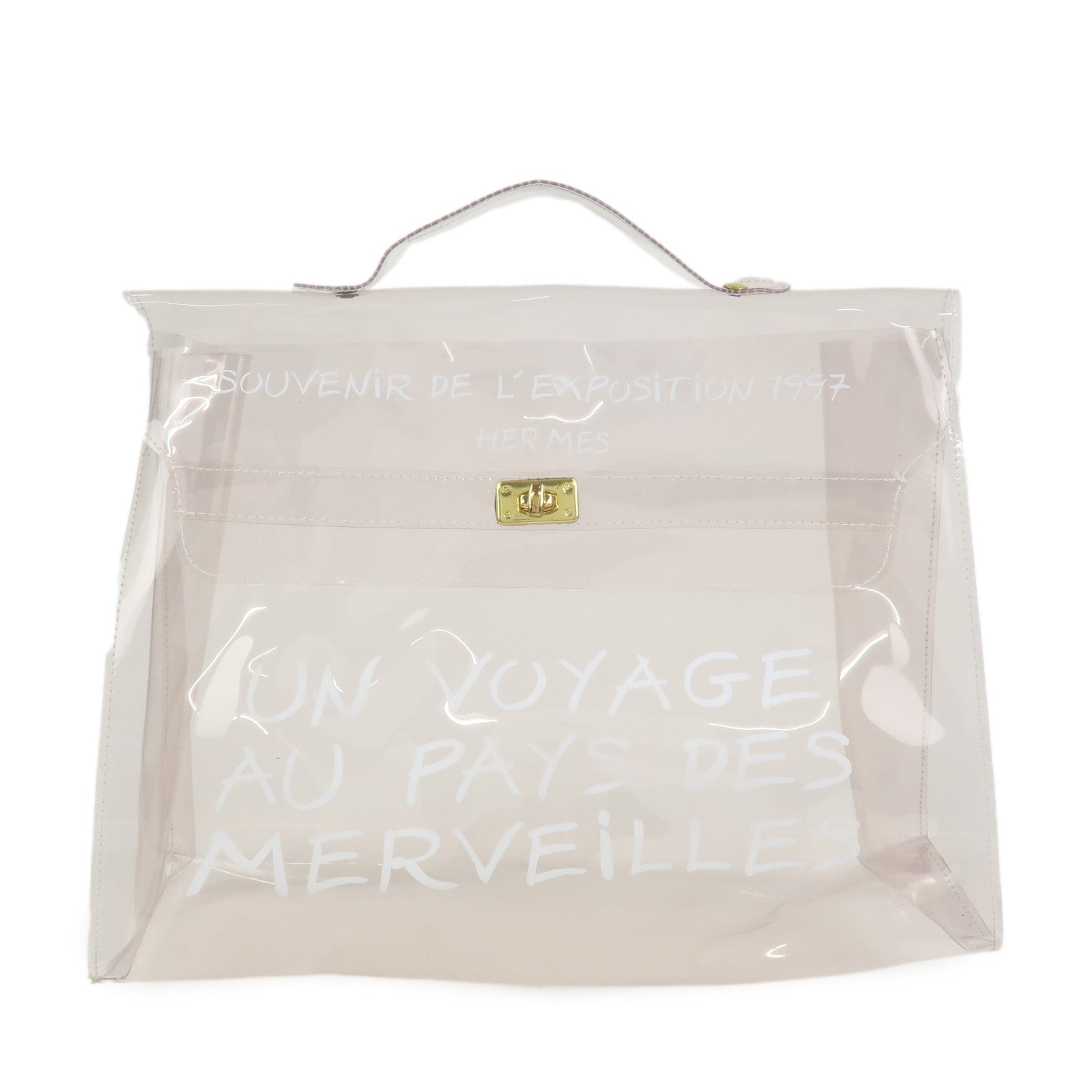 HERMES Kelly Vinyl Hand Bag Clear Transparent White Gold