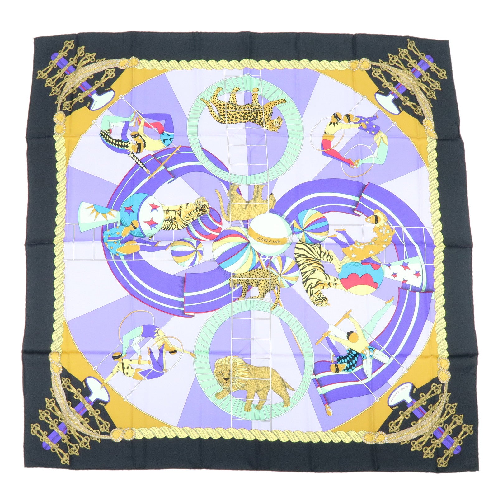 HERMES Carre 90 Silk 100% Scarf Circus Purple Black
