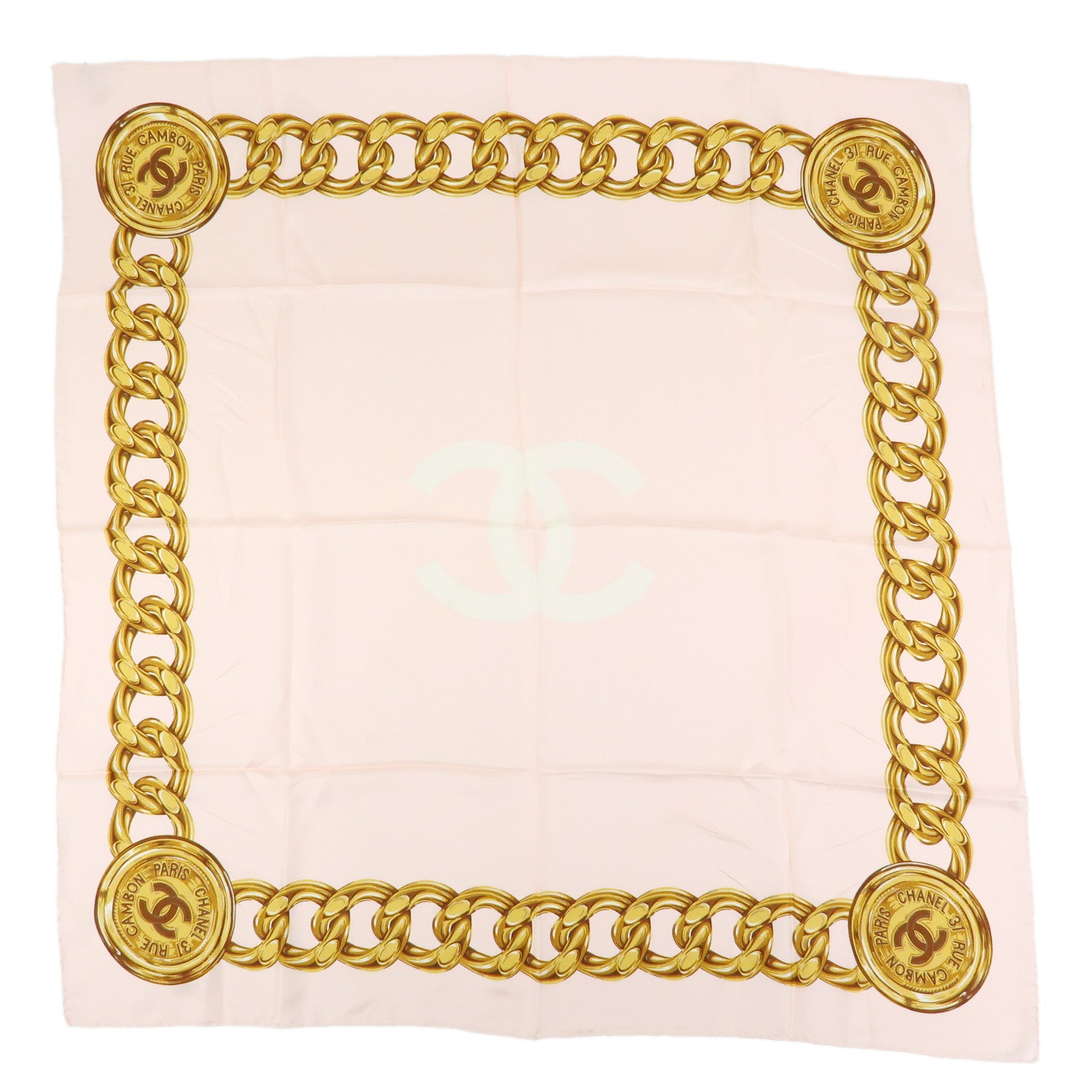 CHANEL COCO Mark Silk 100% Scarf Chain Pearl Motif Pink