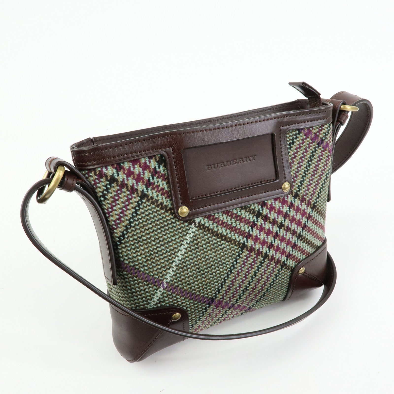 BURBERRY Wool Leather Shoulder Bag Crossbody Bag Brown Green