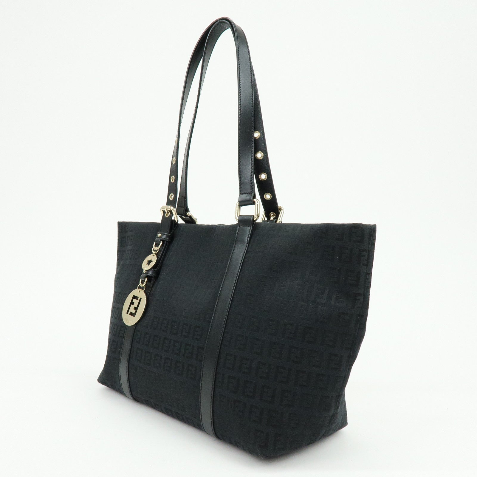 FENDI Zucchino Canvas Leather Tote Bag Shoulder Bag Black 8BH215