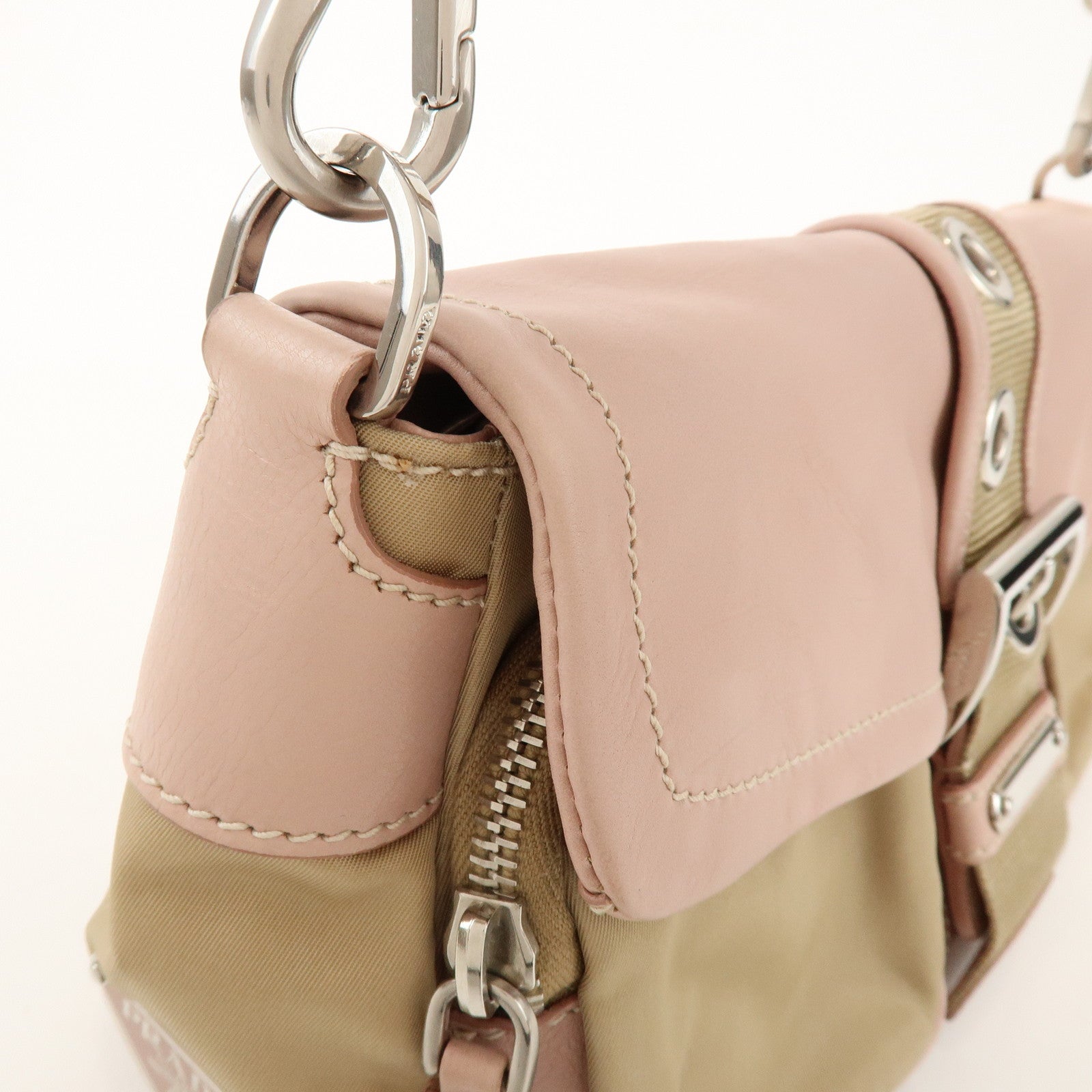PRADA Triangle Logo Nylon Leather Shoulder Bag Beige Pink BR2417