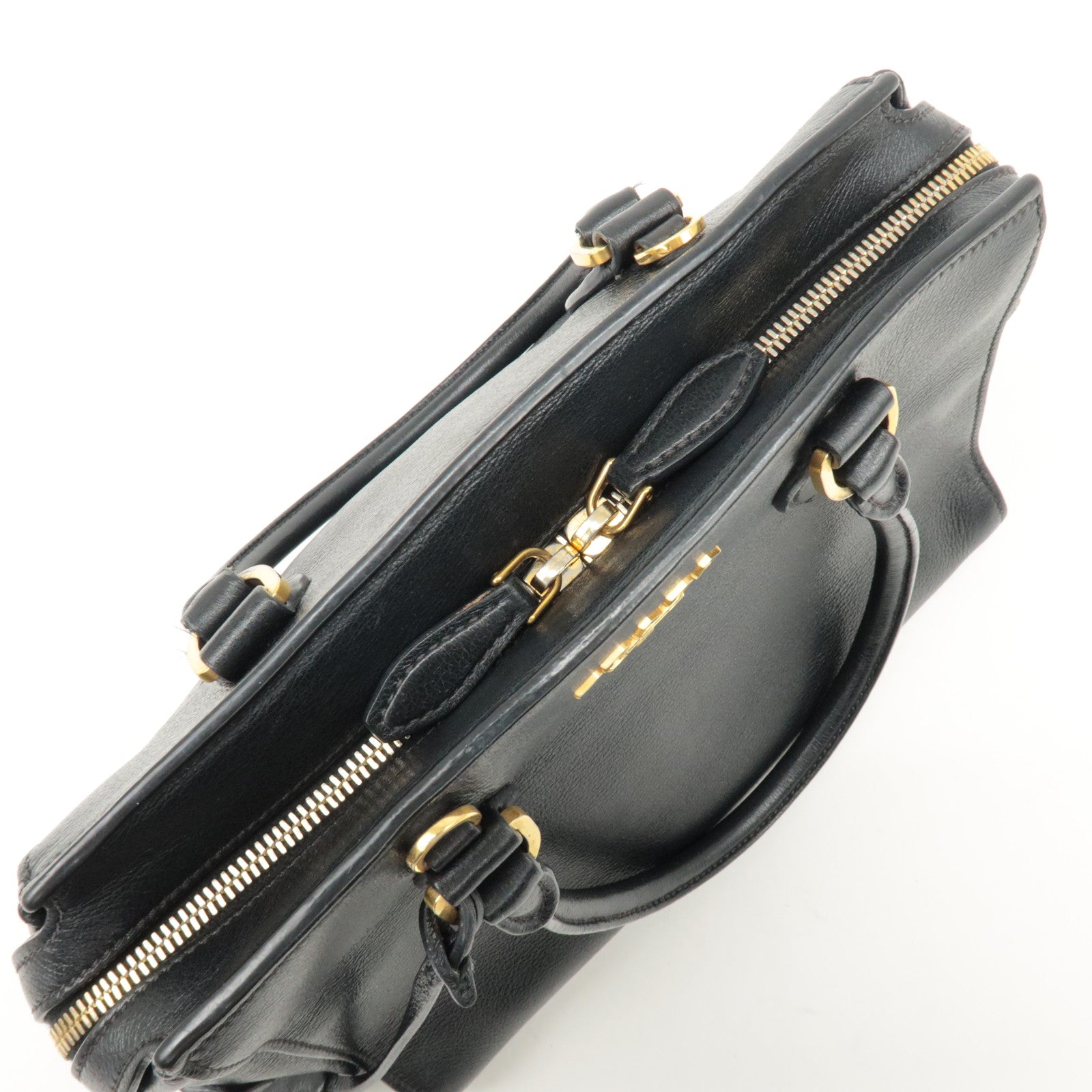 PRADA Leather 2Way Bag Shoulder Hand Bag Black Gold Used