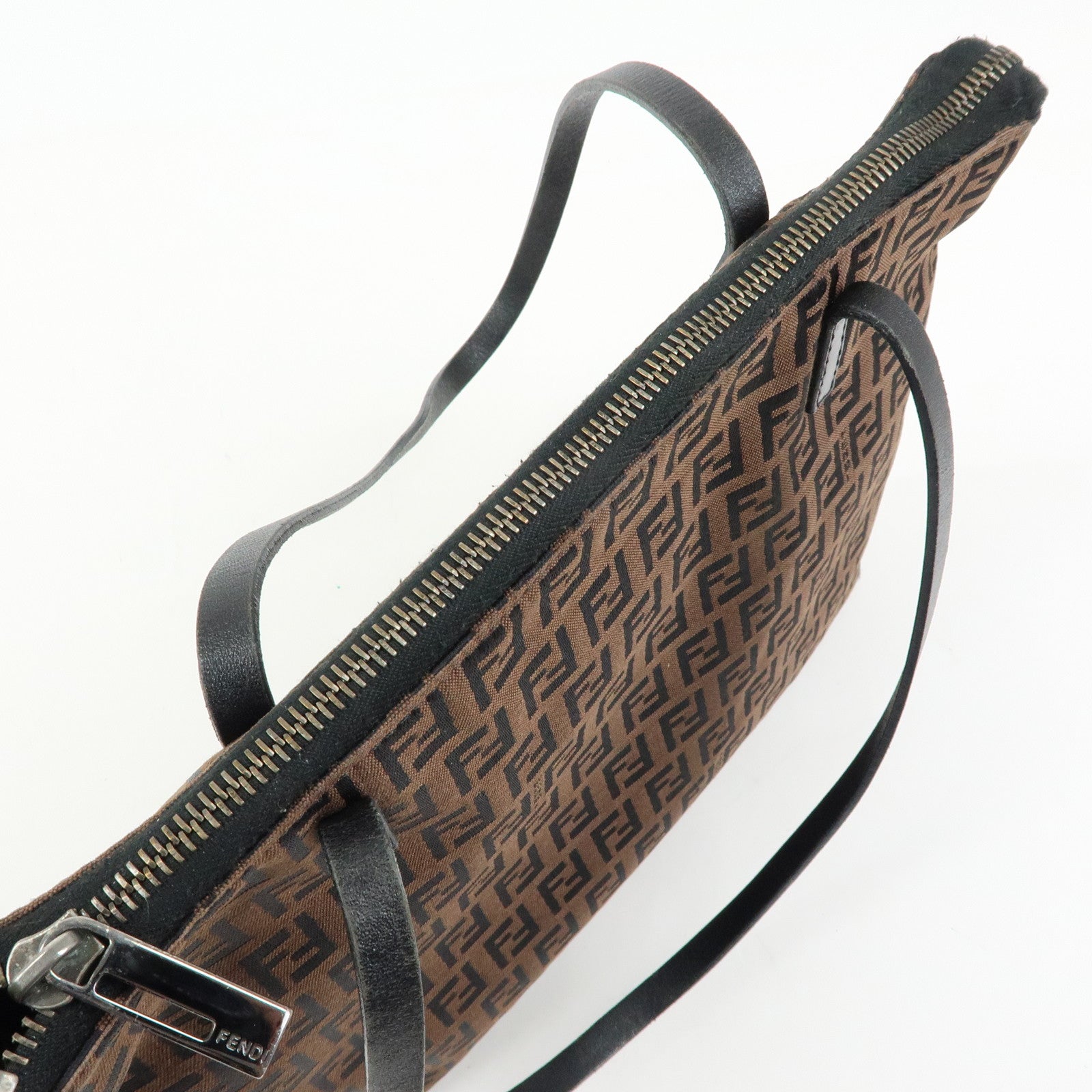 FENDI Zucchino Canvas Leather Tote Bag Hand Bag Brown Black 8BH022