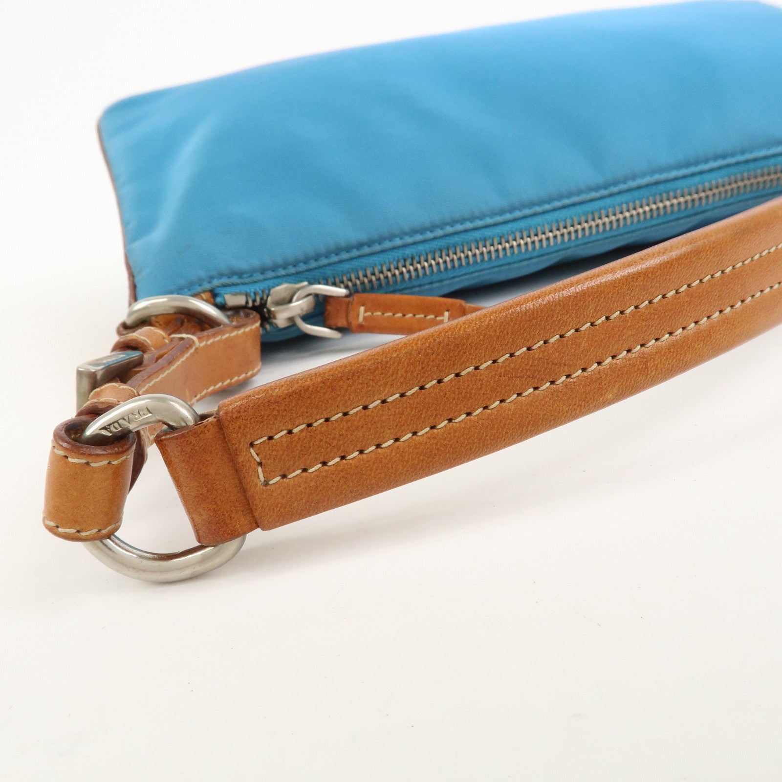 PRADA Triangle Logo Nylon Leather Shoulder Bag Blue Brown BR2205