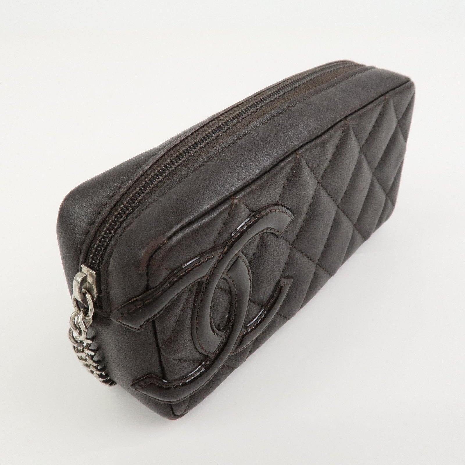 CHANEL Cambon Line COCO Mark Lambskin Cosmetic Pouch Brown