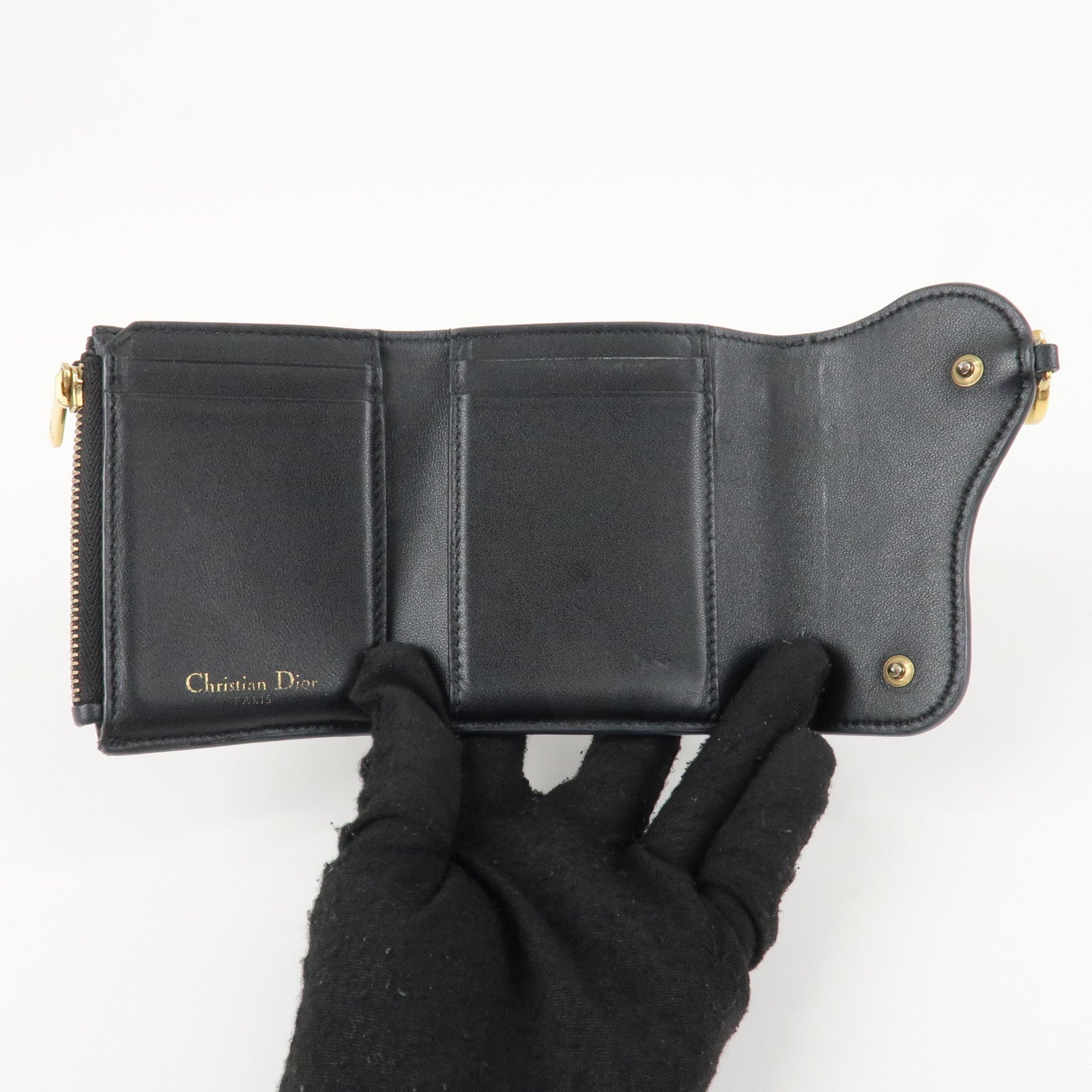 Christian Dior Saddle Leather Compact Wallet Black Gold Hardware Used