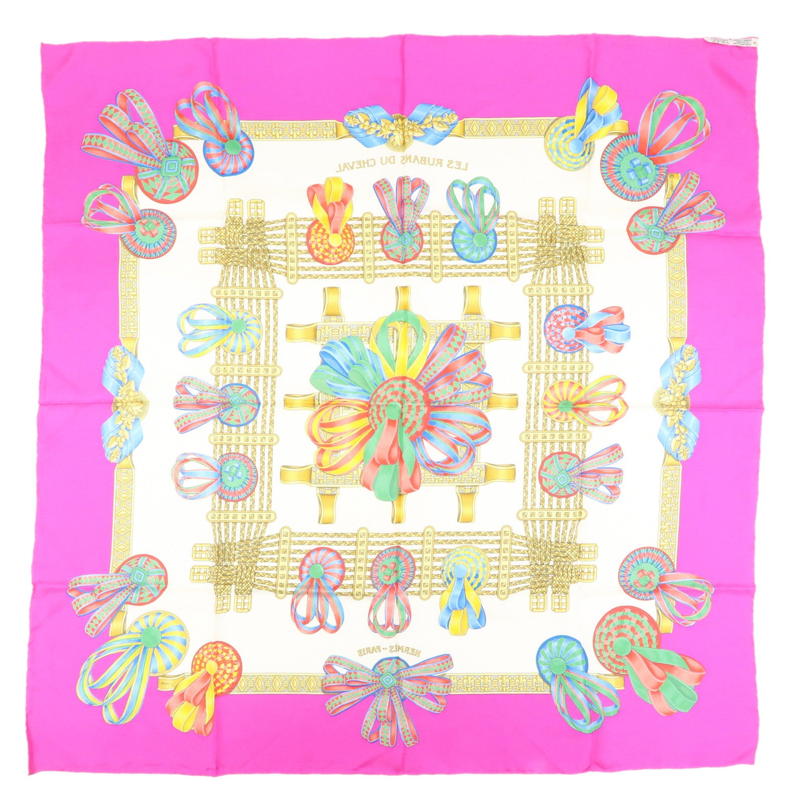 HERMES Carre 90 Silk 100% Scarf LES RUBANS DU CHEVAL Pink White