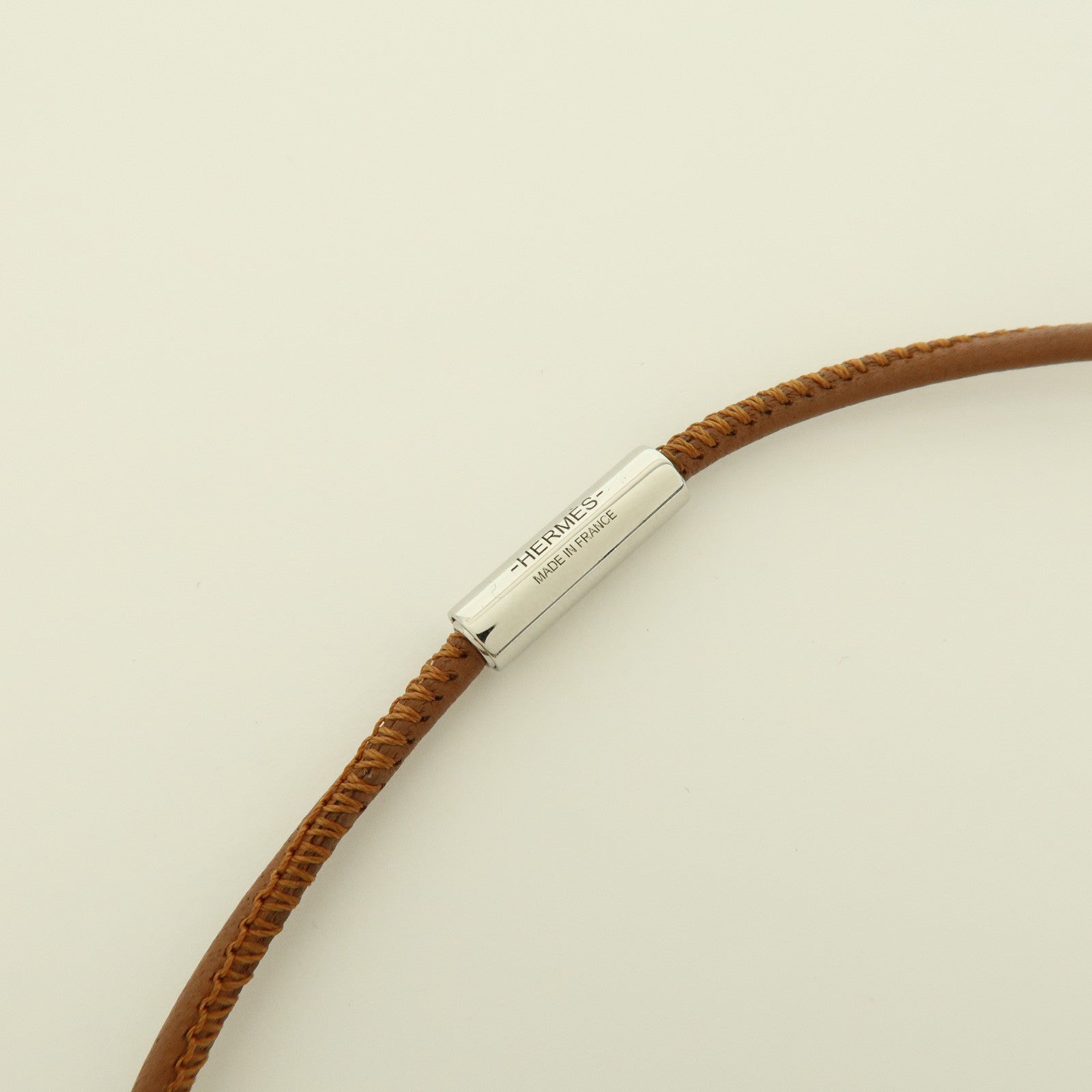 HERMES Logo Leather Metal Necklace Brown Pink Light Blue