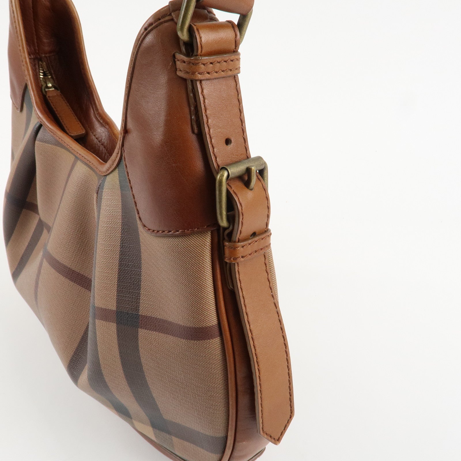 BURBERRY Nova Plaid PVC Leather Shoulder Bag Hand Bag Brown Used