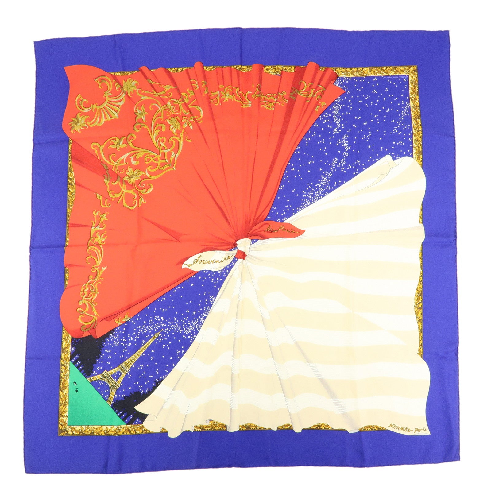 HERMES Carre 90 Silk 100% Scarf Souvenirs de Paris Blue Red Beige