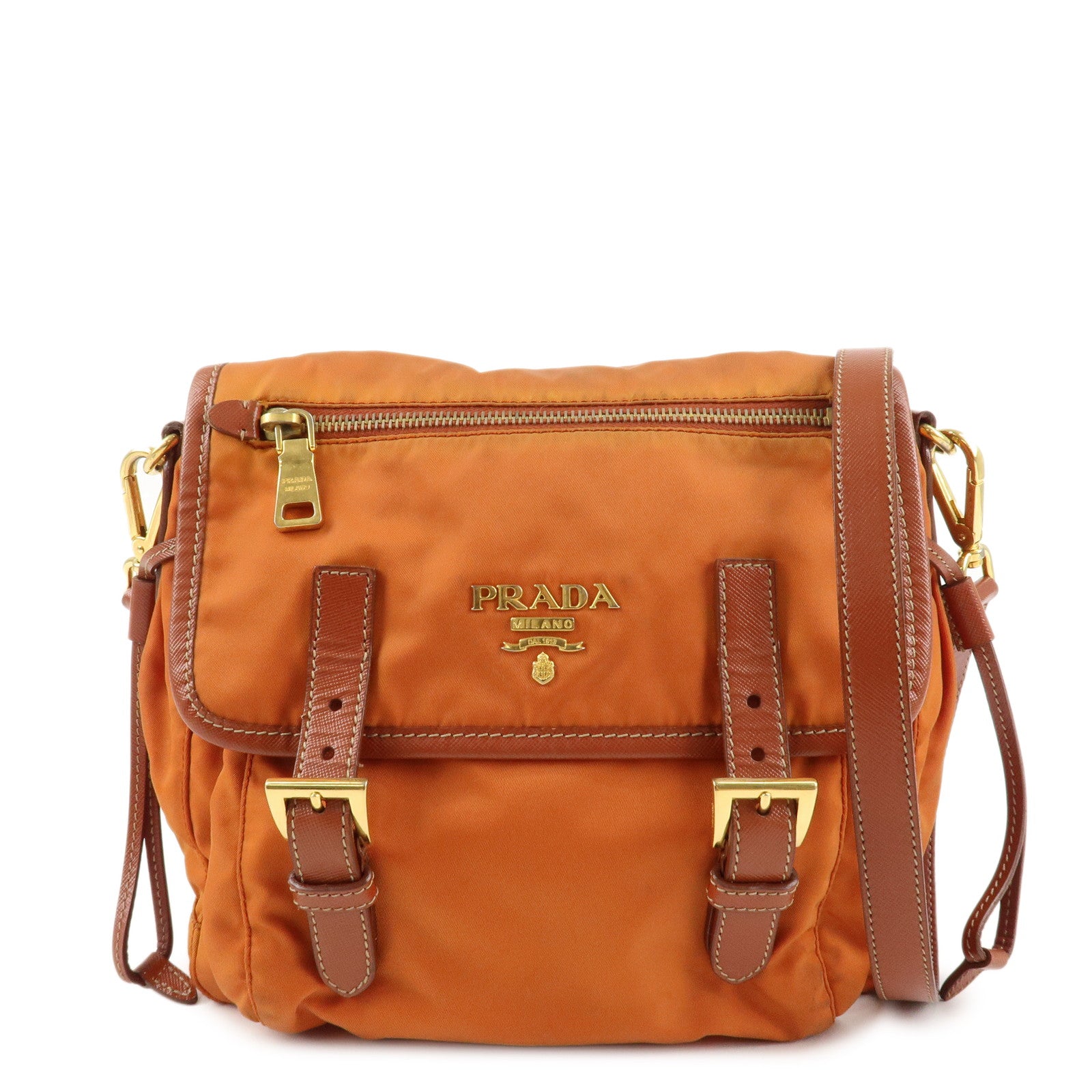 PRADA Logo Nylon Leather Shoulder Bag Crossbody Bag Orange BT0692 Used