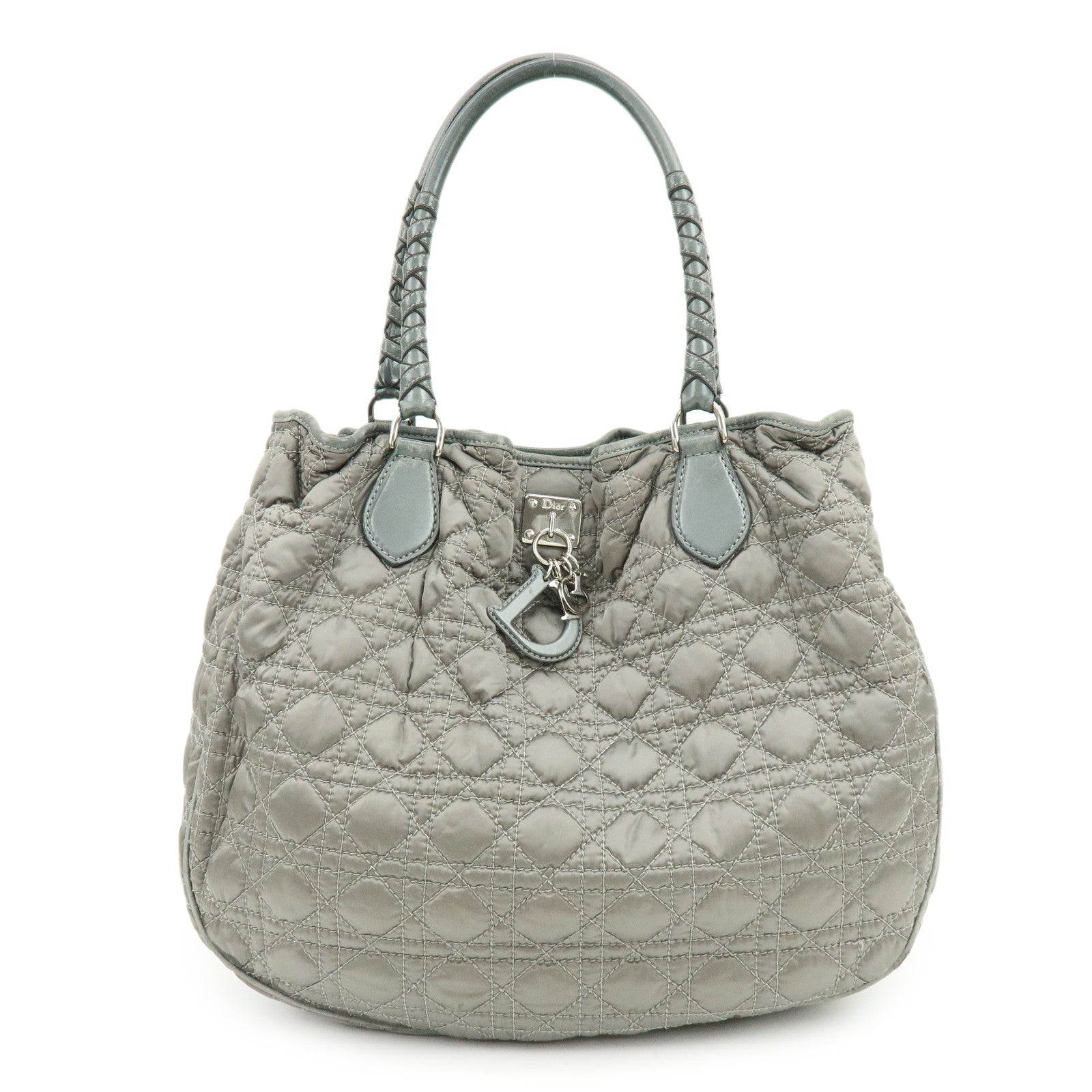 Christian Dior Cannage Nylon Leather Tote Bag Shoulder Bag Gray