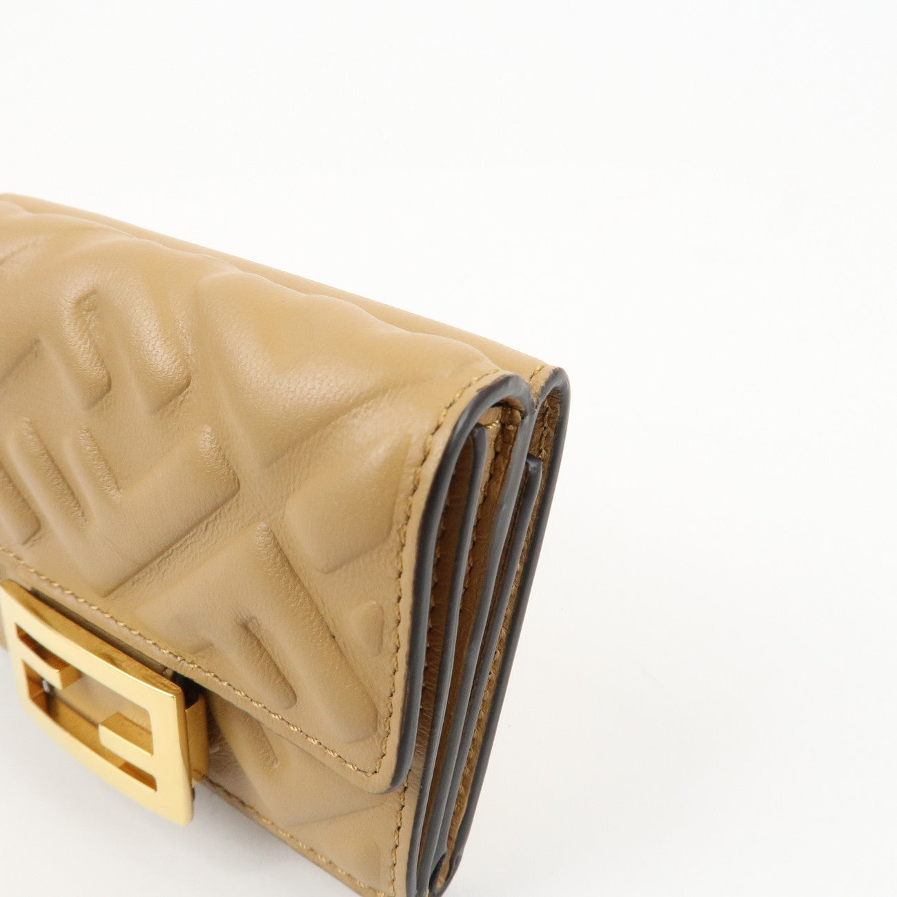 FENDI Zucca Baguette Leather Micro Tri-fold Wallet Beige 8M0395 Used