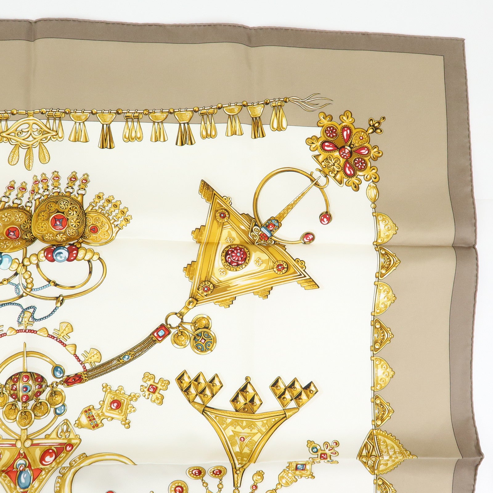 HERMES Carre 90 Silk 100% Scarf PARURES DES SABLES Gold Brown