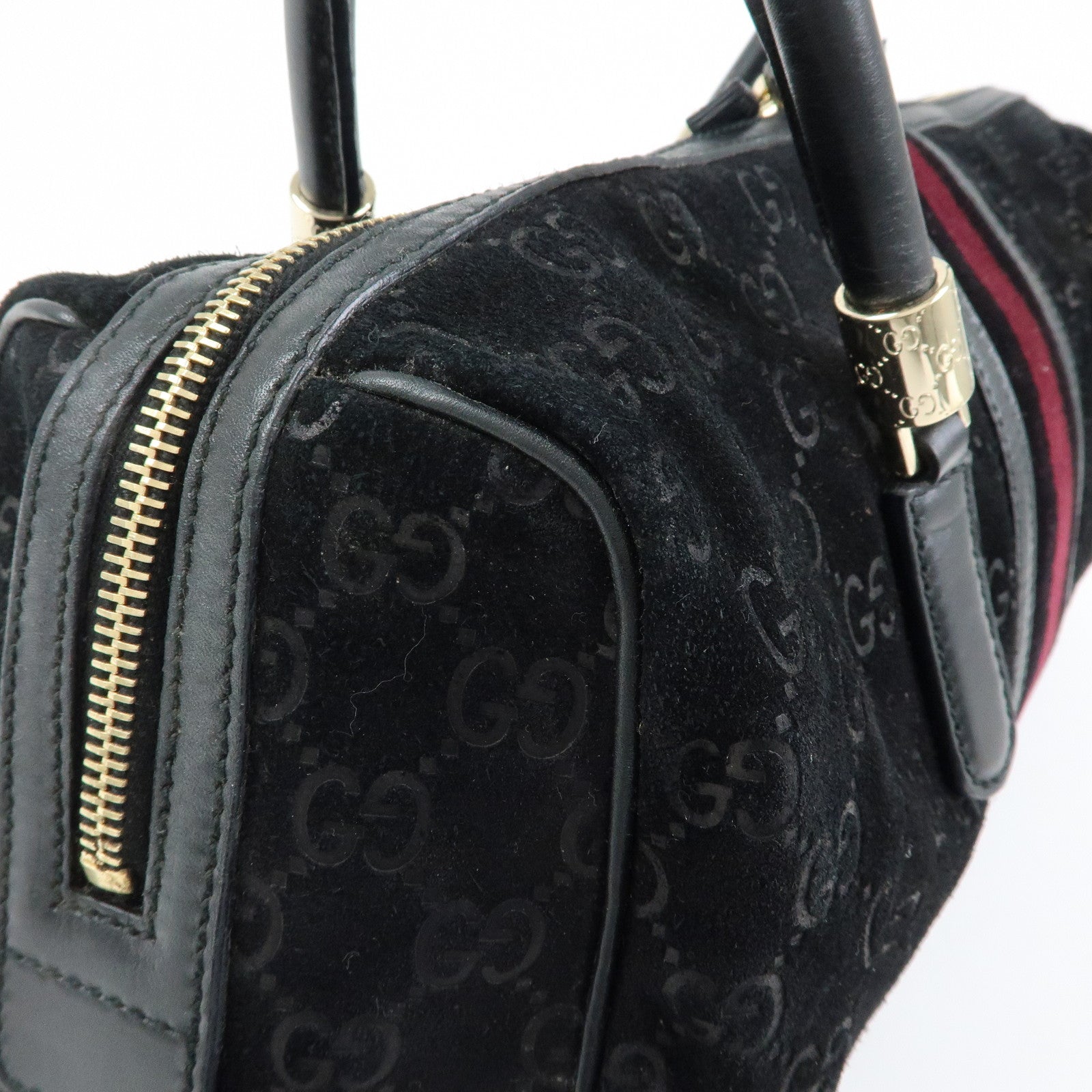 GUCCI GG Suede Leather Boston Bag Hand Bag Black Bordeaux 162739