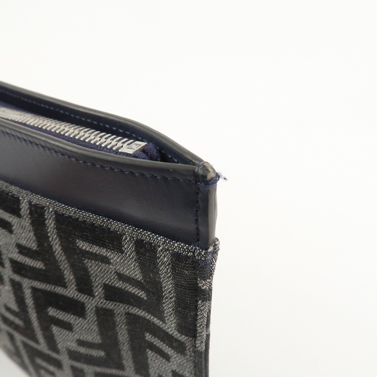 FENDI Zucca Flat Slim Canvas Leather Clutch Bag Navy 7N0134