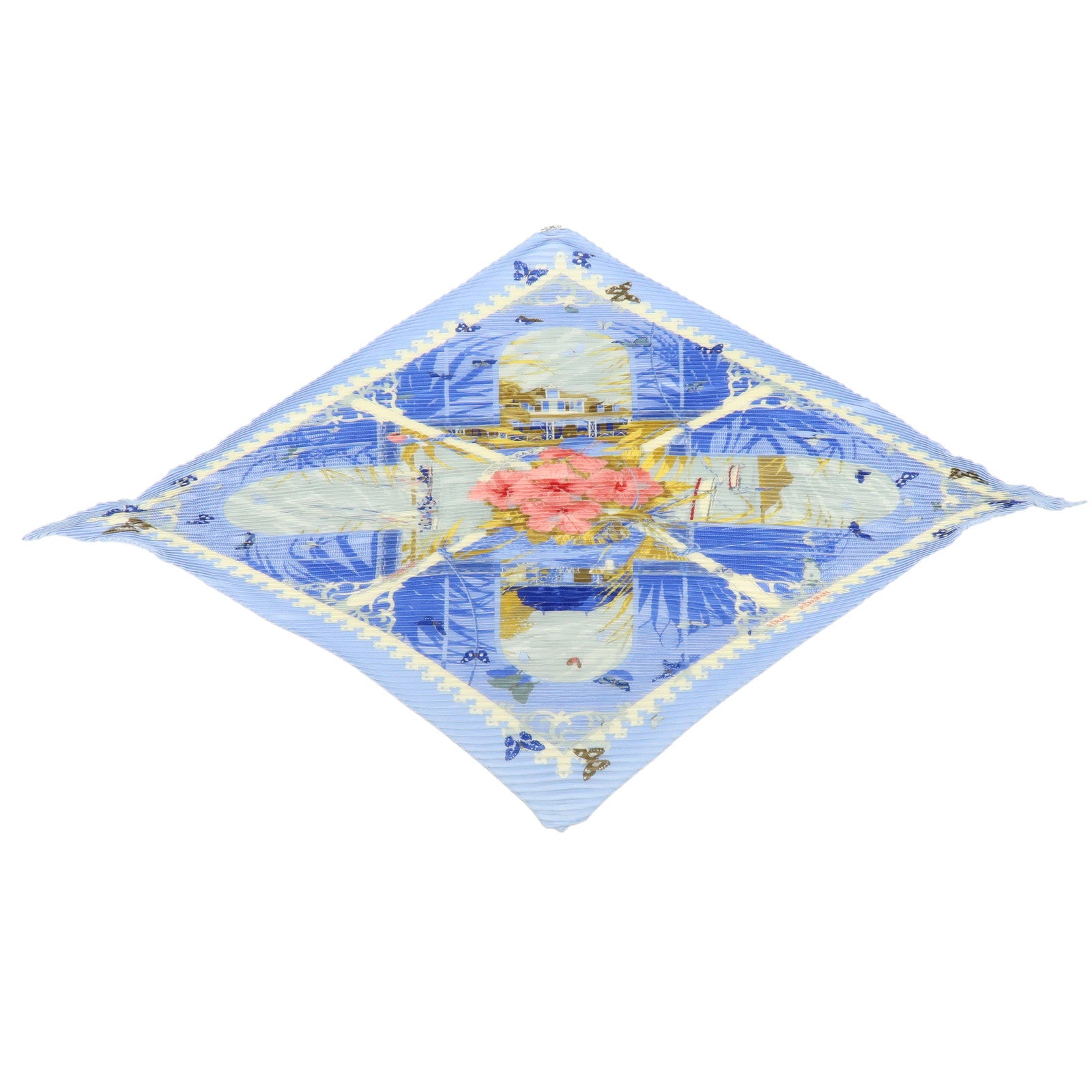 HERMES Pleats Carre Silk 100% Scarf VARANGUES Blue Pink