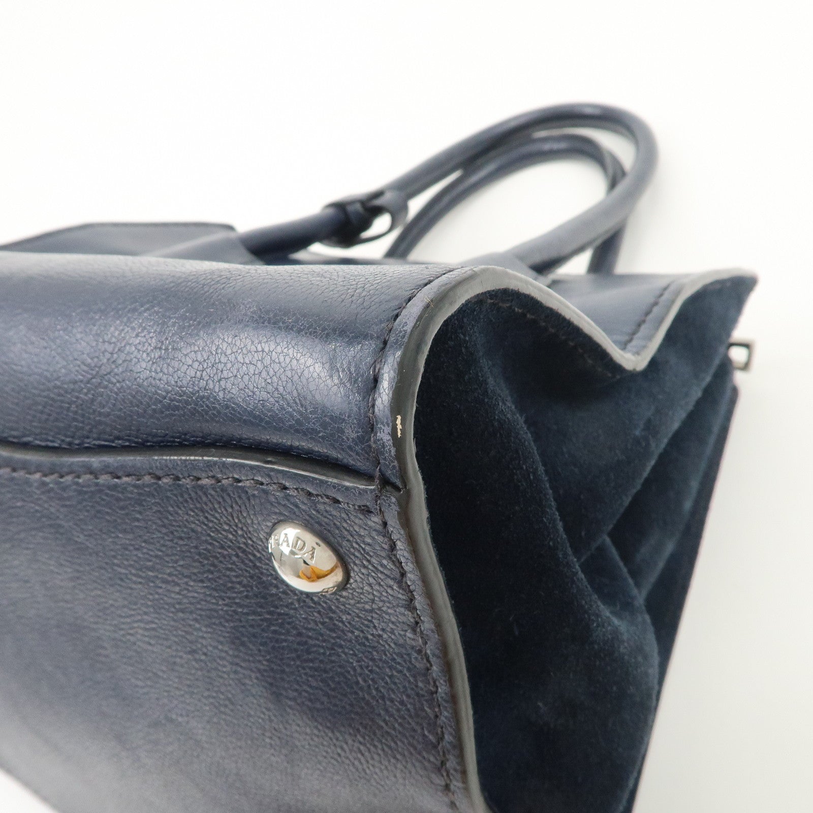PRADA Triangle Logo Leather 2Way Bag Tote Bag Hand Bag Navy B2625M