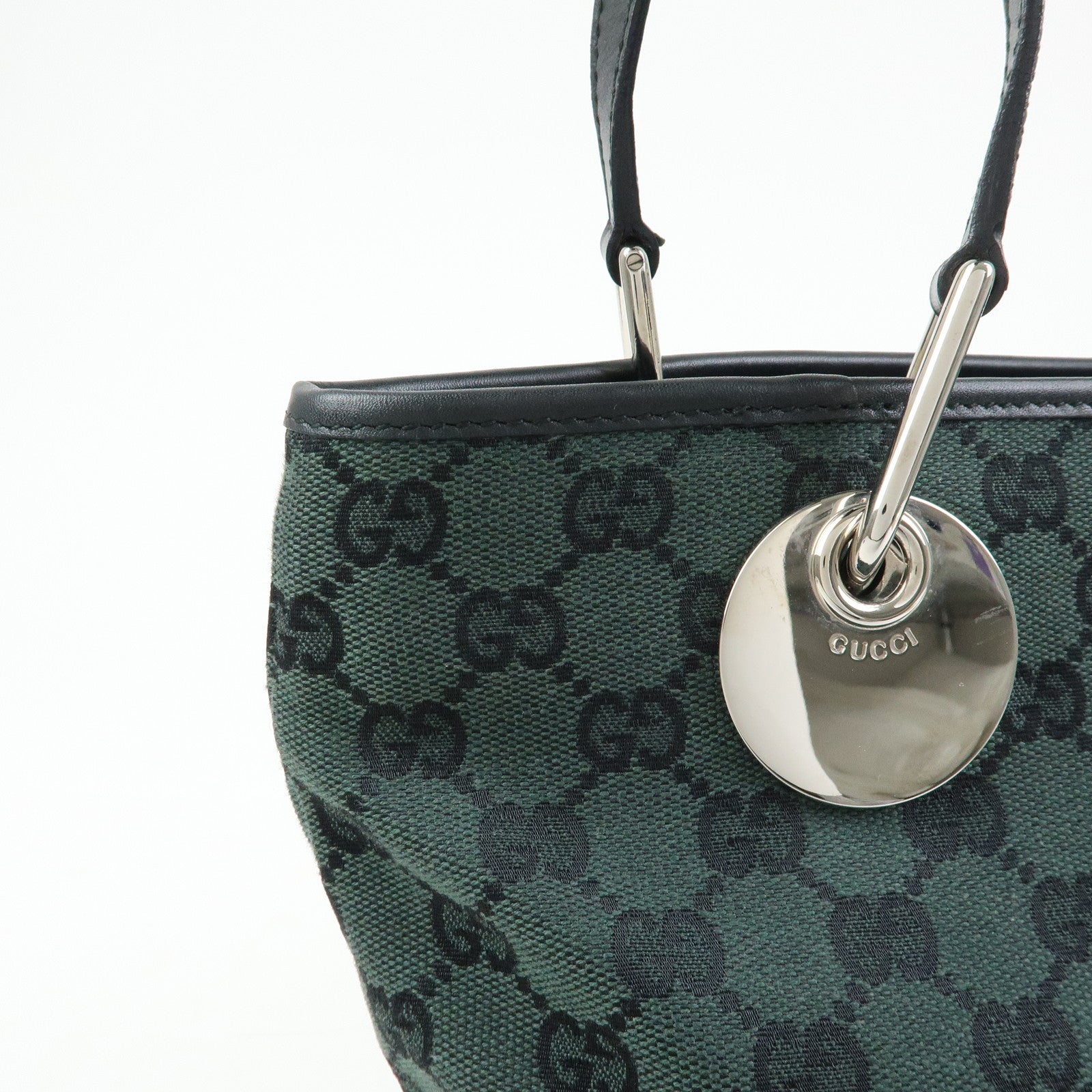 GUCCI GG Canvas Leather Tote Bag Hand Bag Green Black 285583