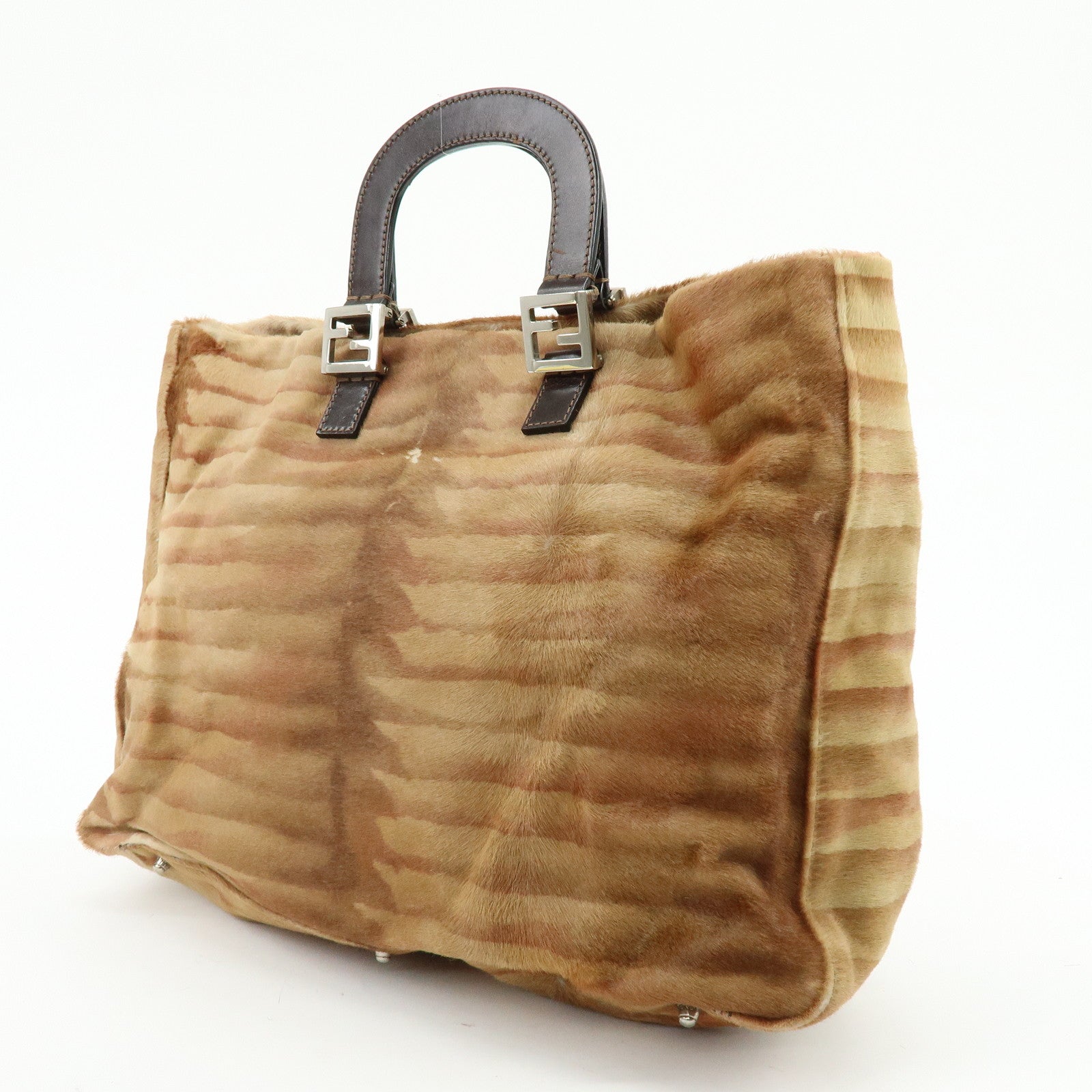 FENDI Calf Hair Leather Animal Pattern Tote Bag Hand Bag Brown