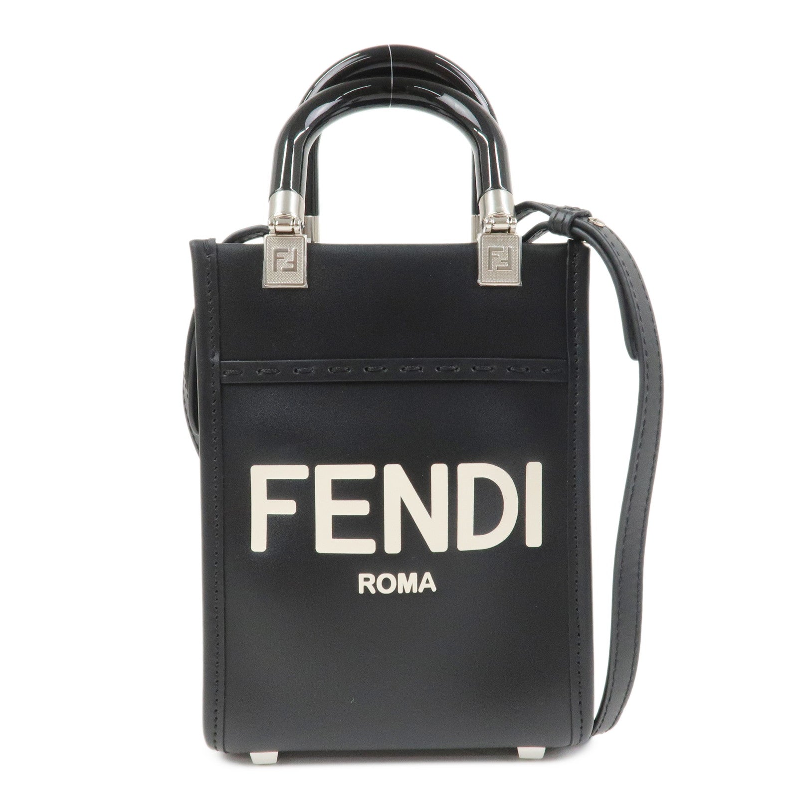 FENDI Leather Sunshine Shopper Small 2Way Bag Hand Bag Black 8BS051