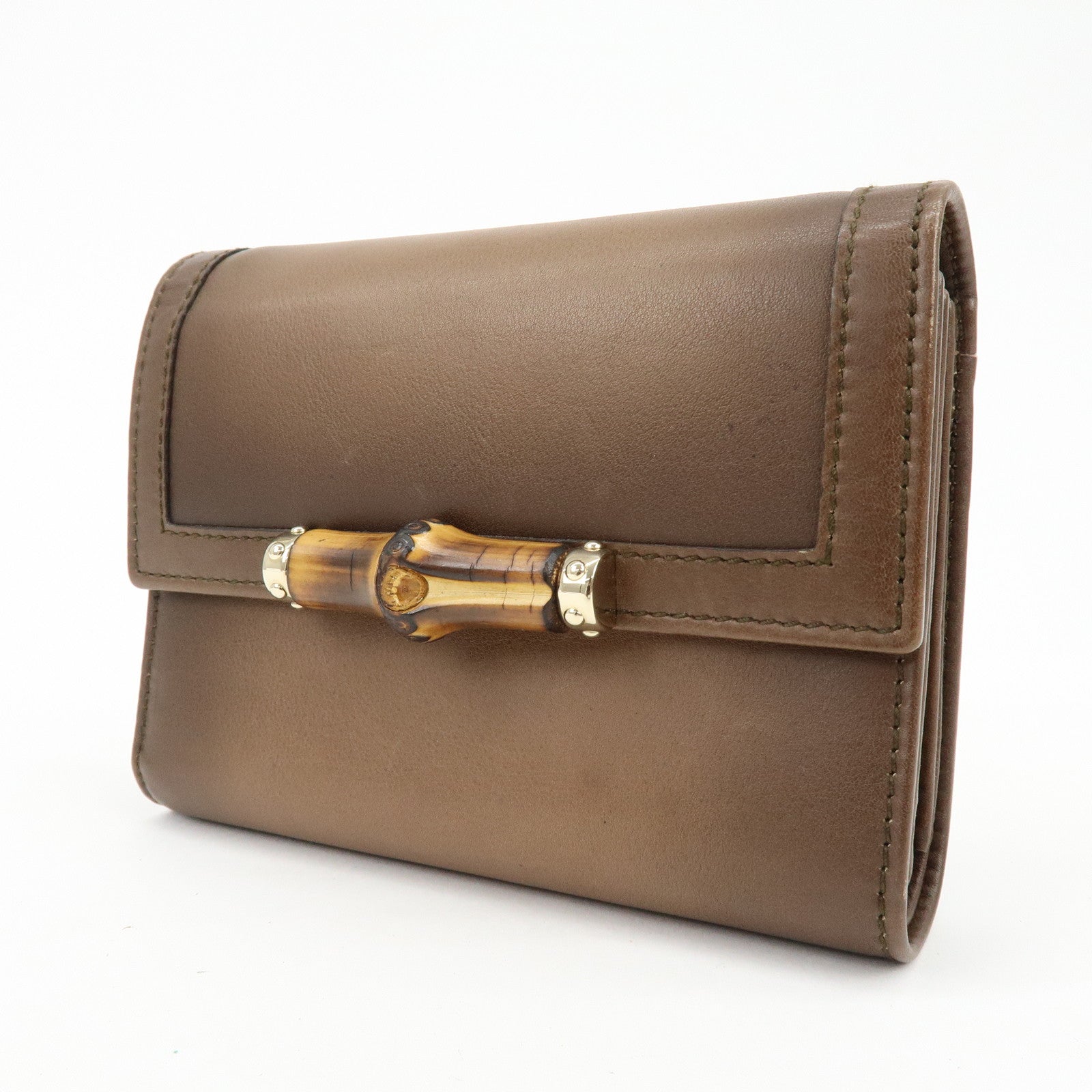 GUCCI Bamboo Leather Bi-fold Compact Wallet Brown 257017