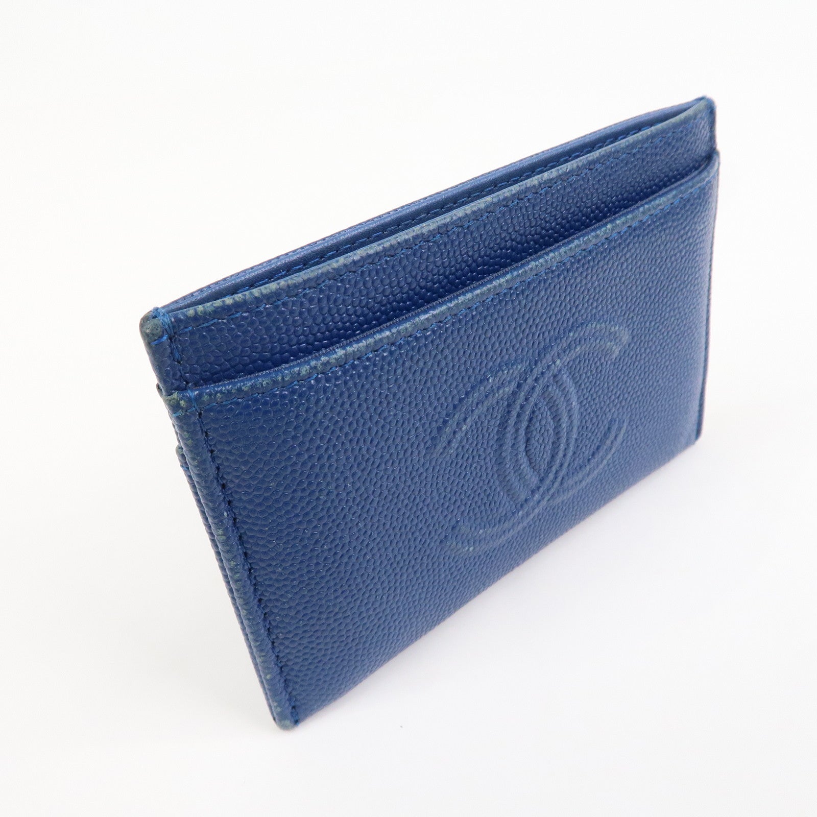CHANEL Logo Caviarskin Leather Card Case Card Holder Blue