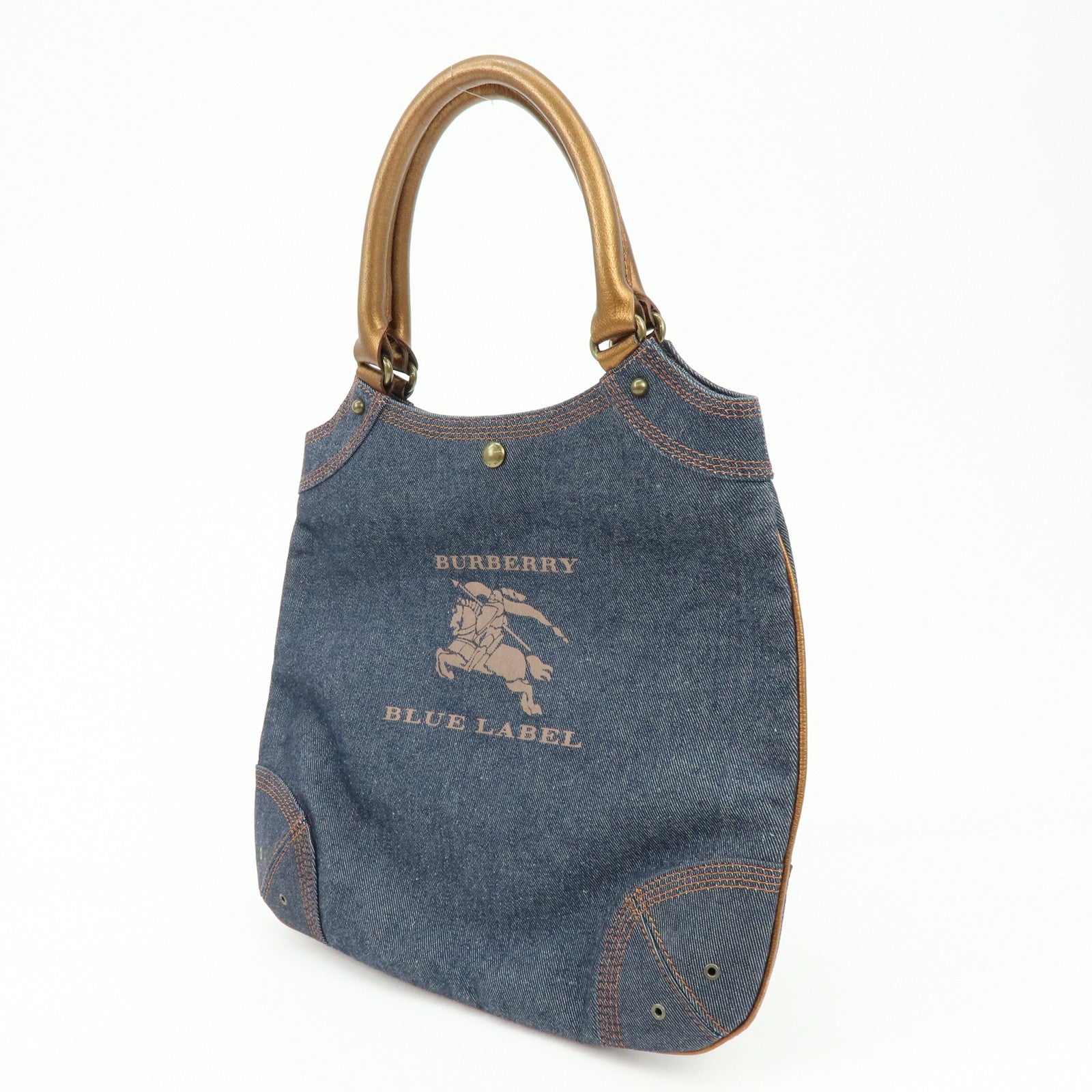 BURBERRY Blue Label Denim Leather Tote Bag Indigo Metallic Brown