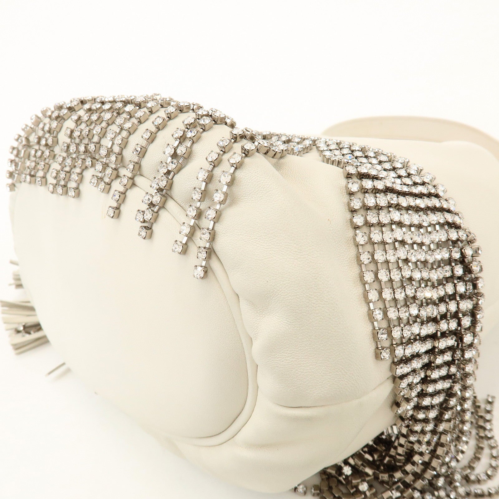 MIU MIU Logo Nappa Leather Strass Fringe 2Way Bag White 5BE014