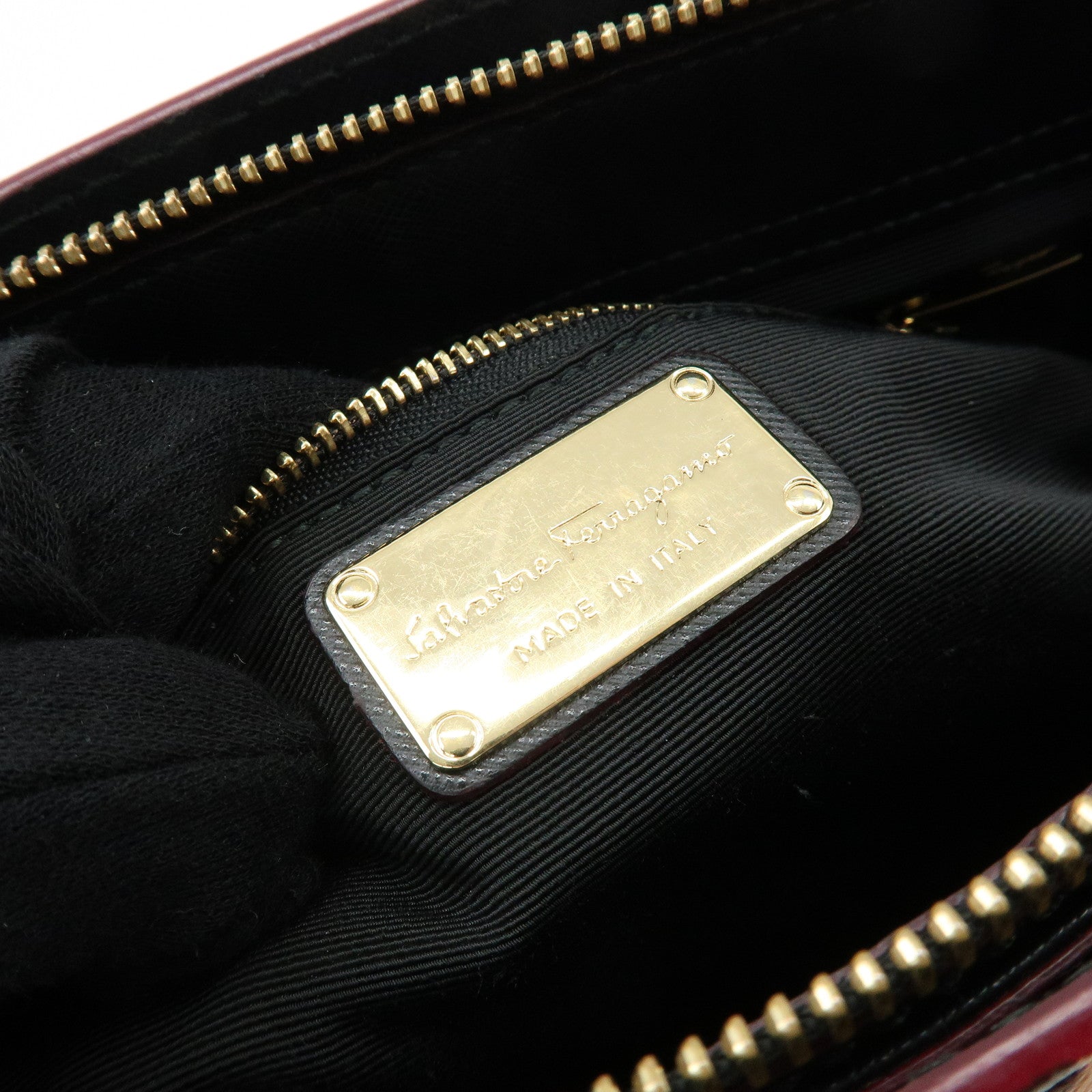Ferragamo Gancini Leather 2Way Bag Hand Bag Leopard Motif Black