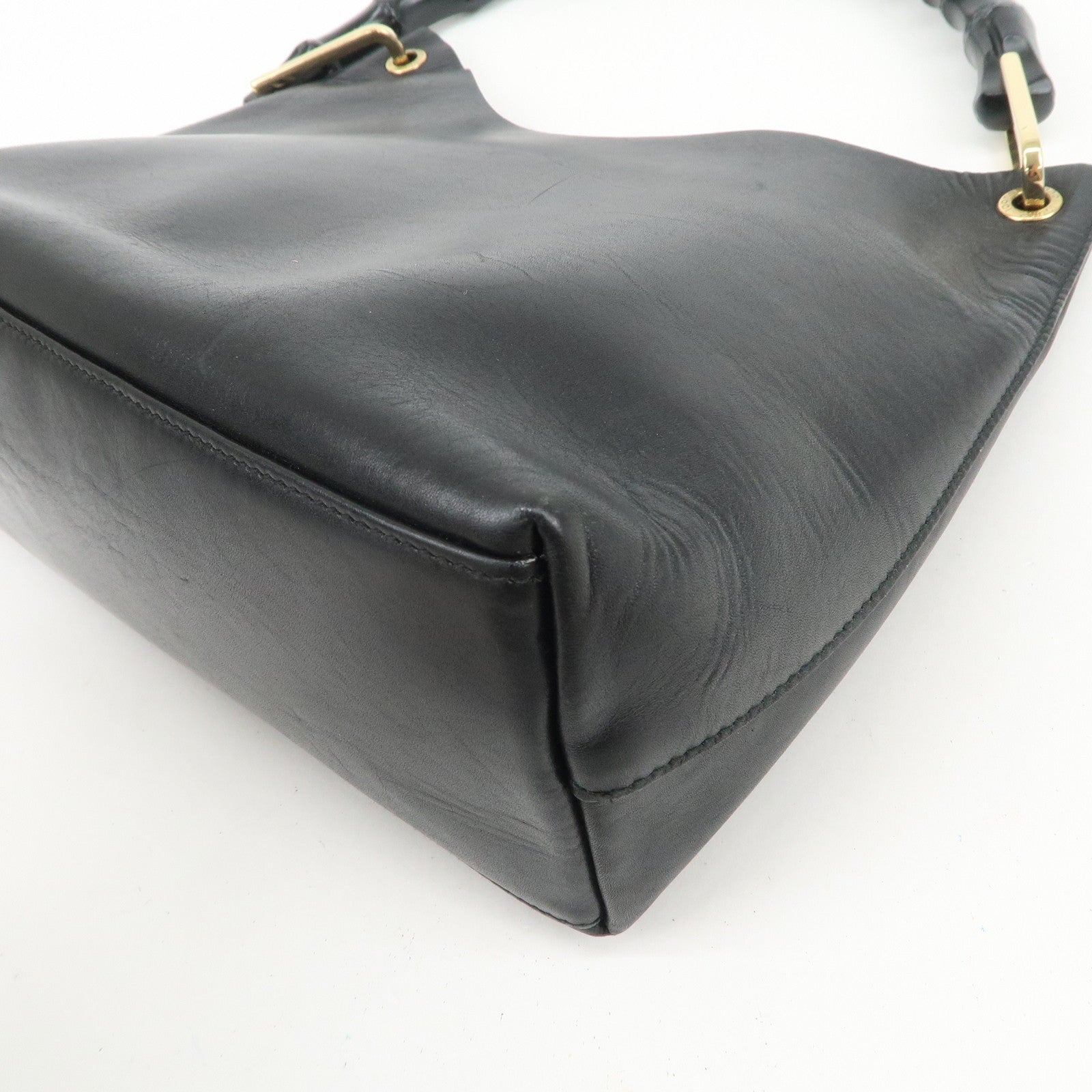 GUCCI Bamboo Leather Shoulder Bag Hand Bag Black Gold