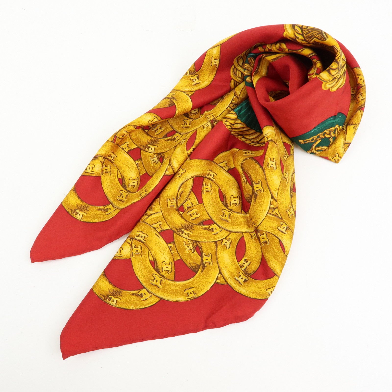 CHANEL COCO Mark Silk 100% Scarf Red Gold Multicolor