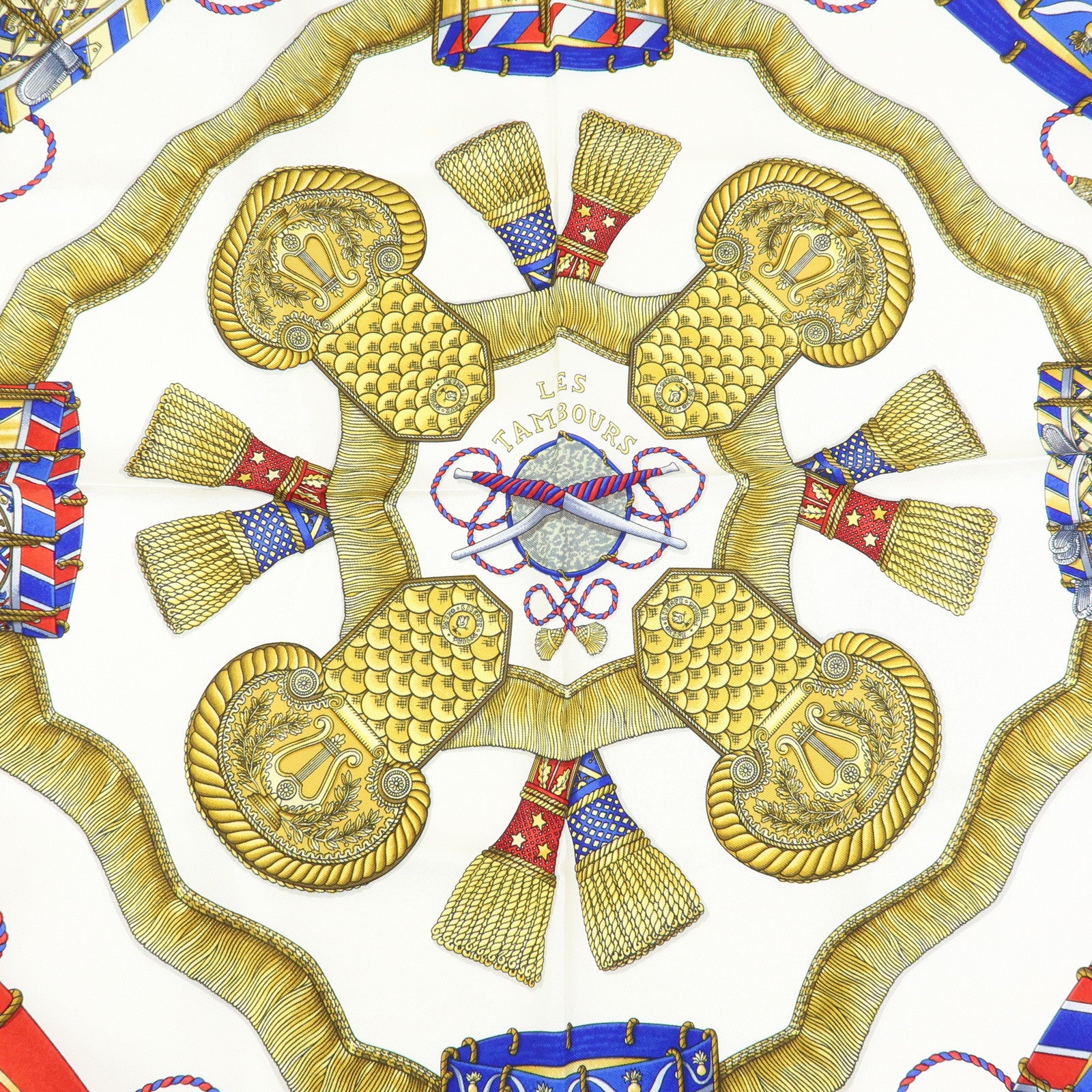 HERMES Carre 90 Silk 100% Scarf LES TAMBOURS Drum Print Navy Gold