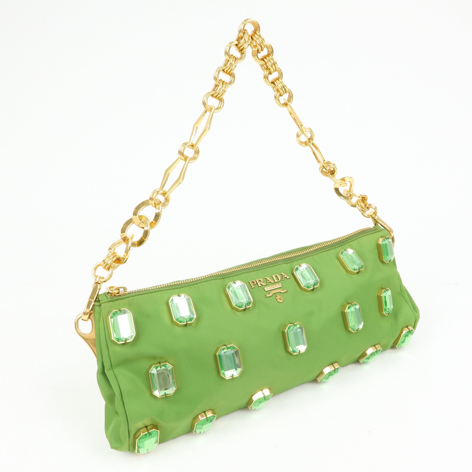 PRADA Bijou Nylon Stone Chain Shoulder Bag Clutch Bag Green