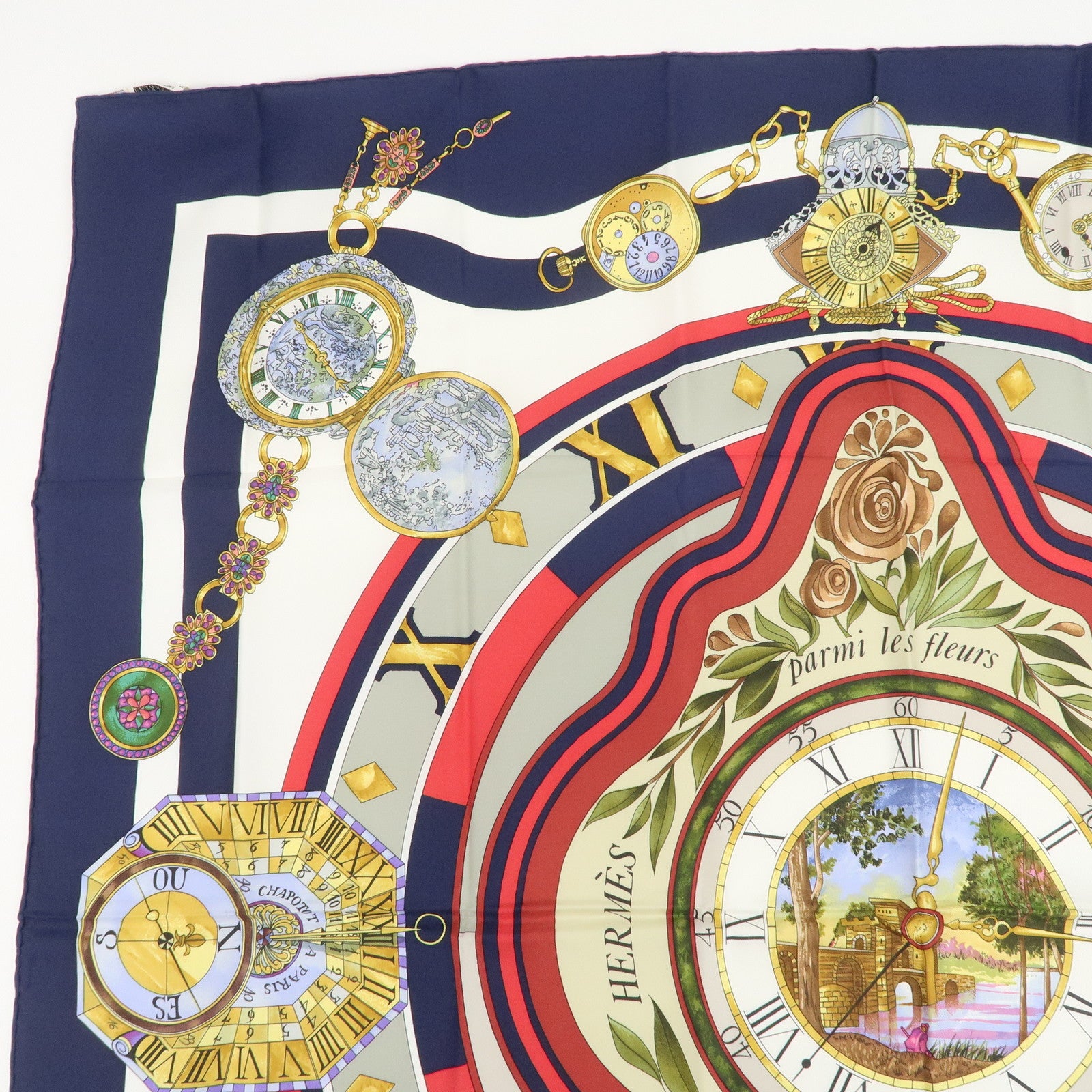 HERMES Carre 90 Silk 100% Scarf Clock Print Navy White Multicolor