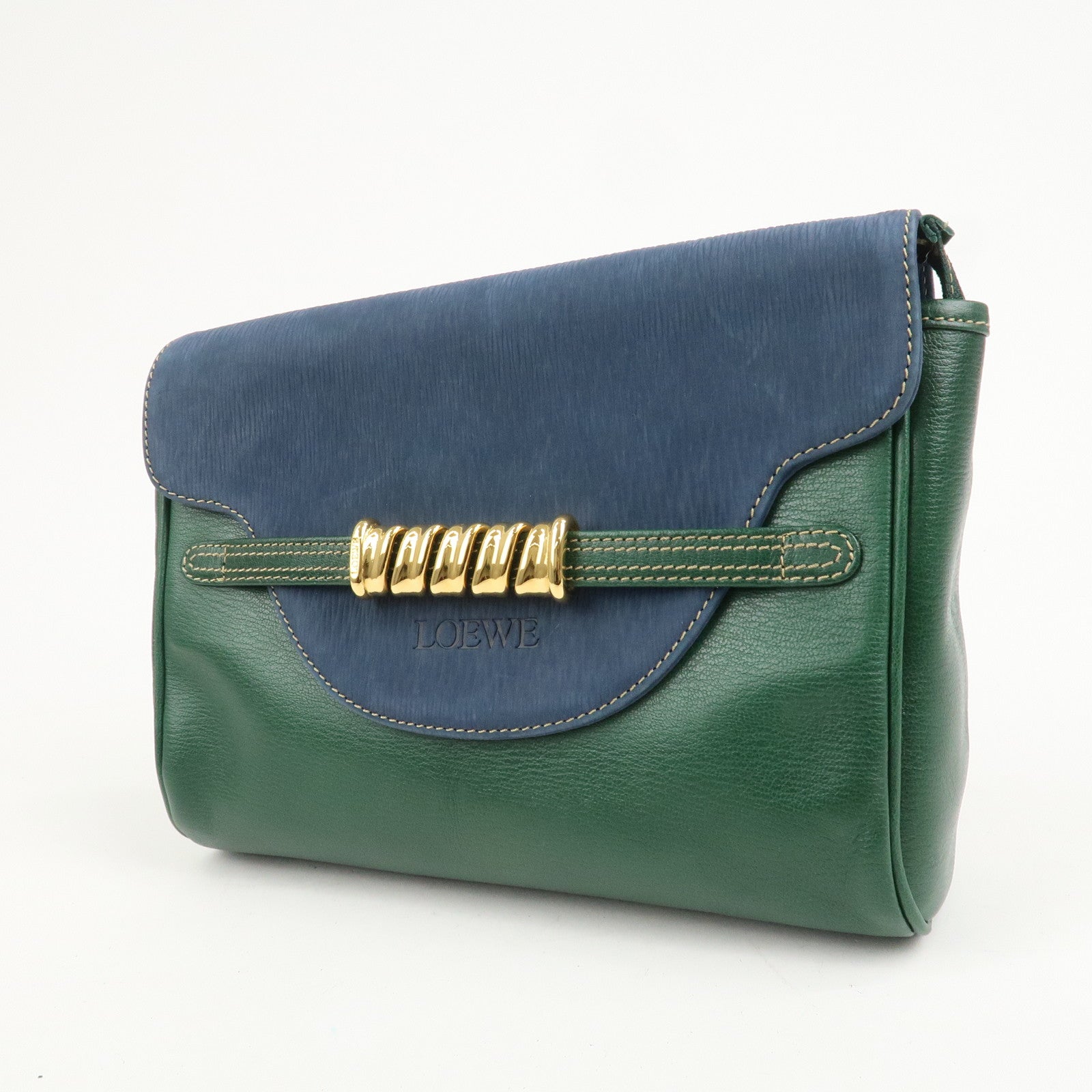 LOEWE Velazquez Suede Leather Clutch Bag Green Blue Gold HDW
