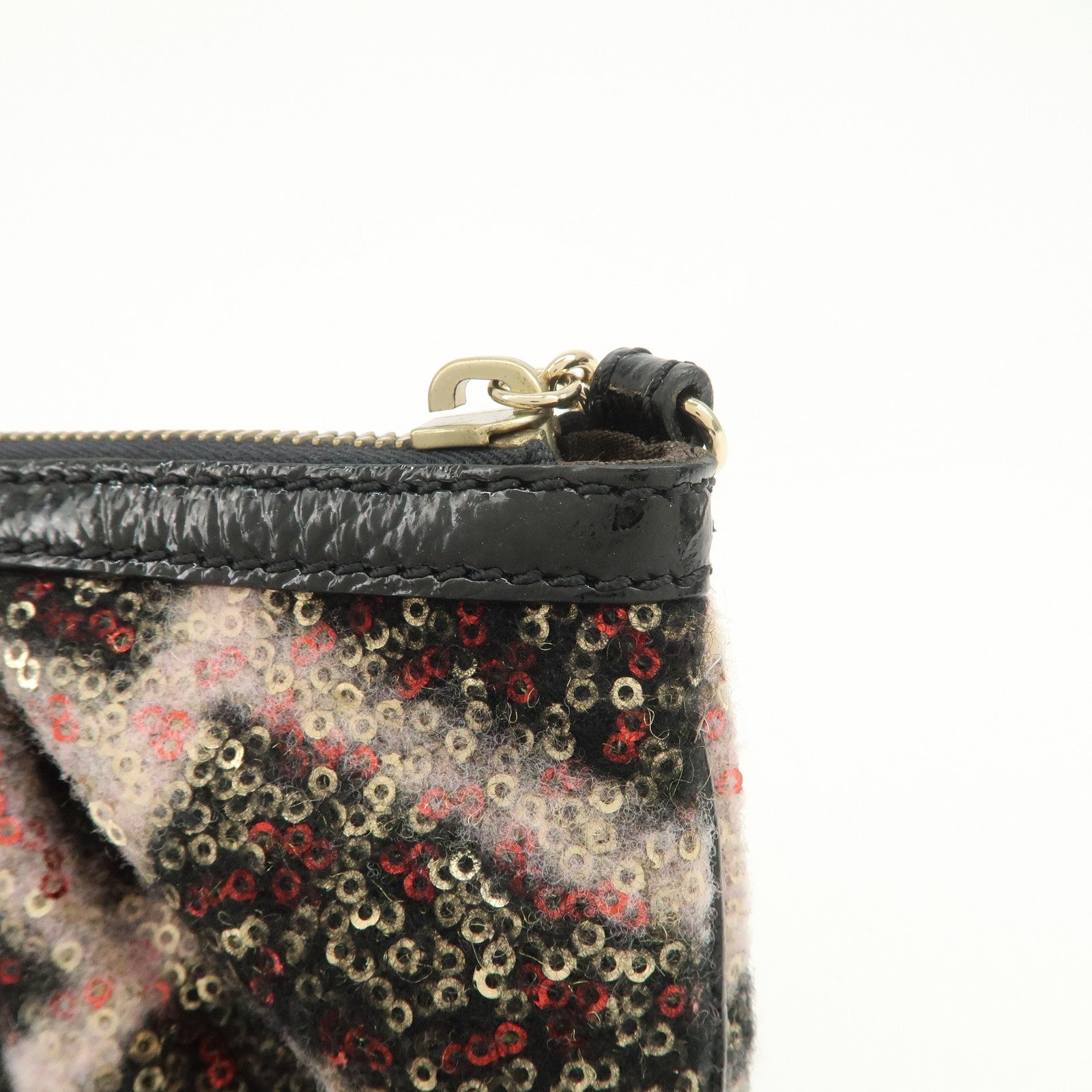 FENDI Wool Flip Sequin Leather Chain Bag Pouch Black Pink 8BR594