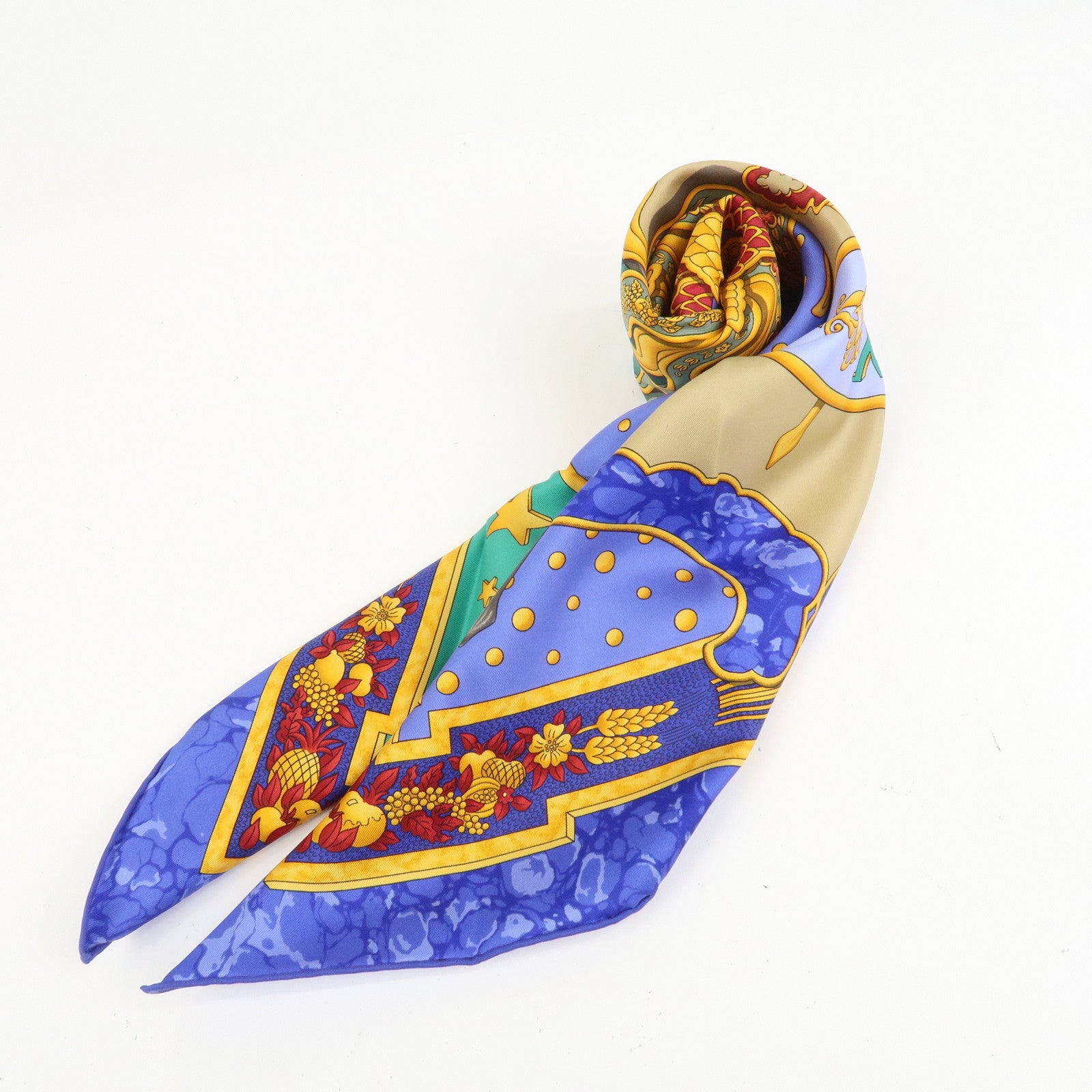 HERMES Carre 90 Silk 100% Scarf CARPE DIEM Blue Yellow Multicolor