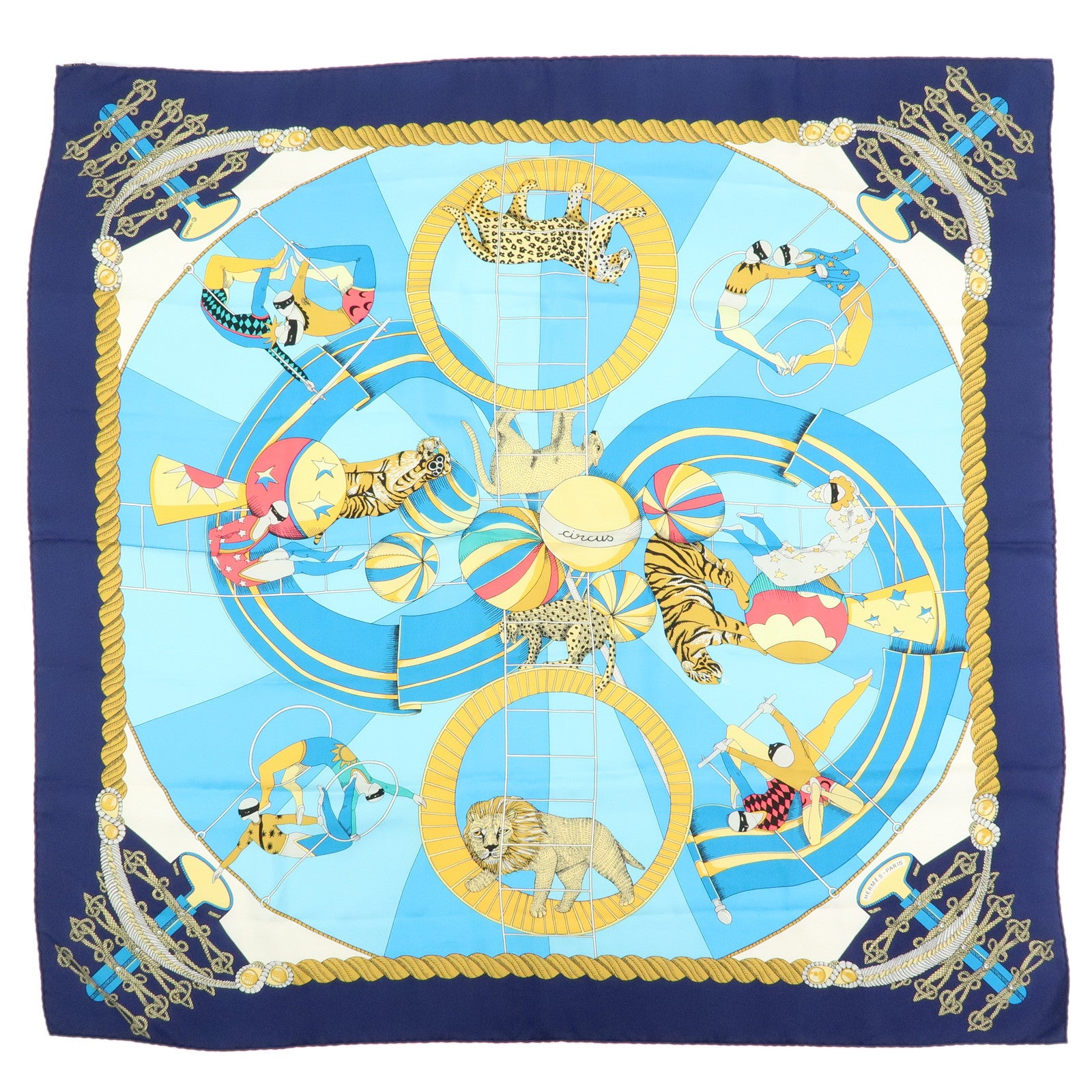 HERMES Carre 90 Silk 100% Scarf Circus Blue Gold