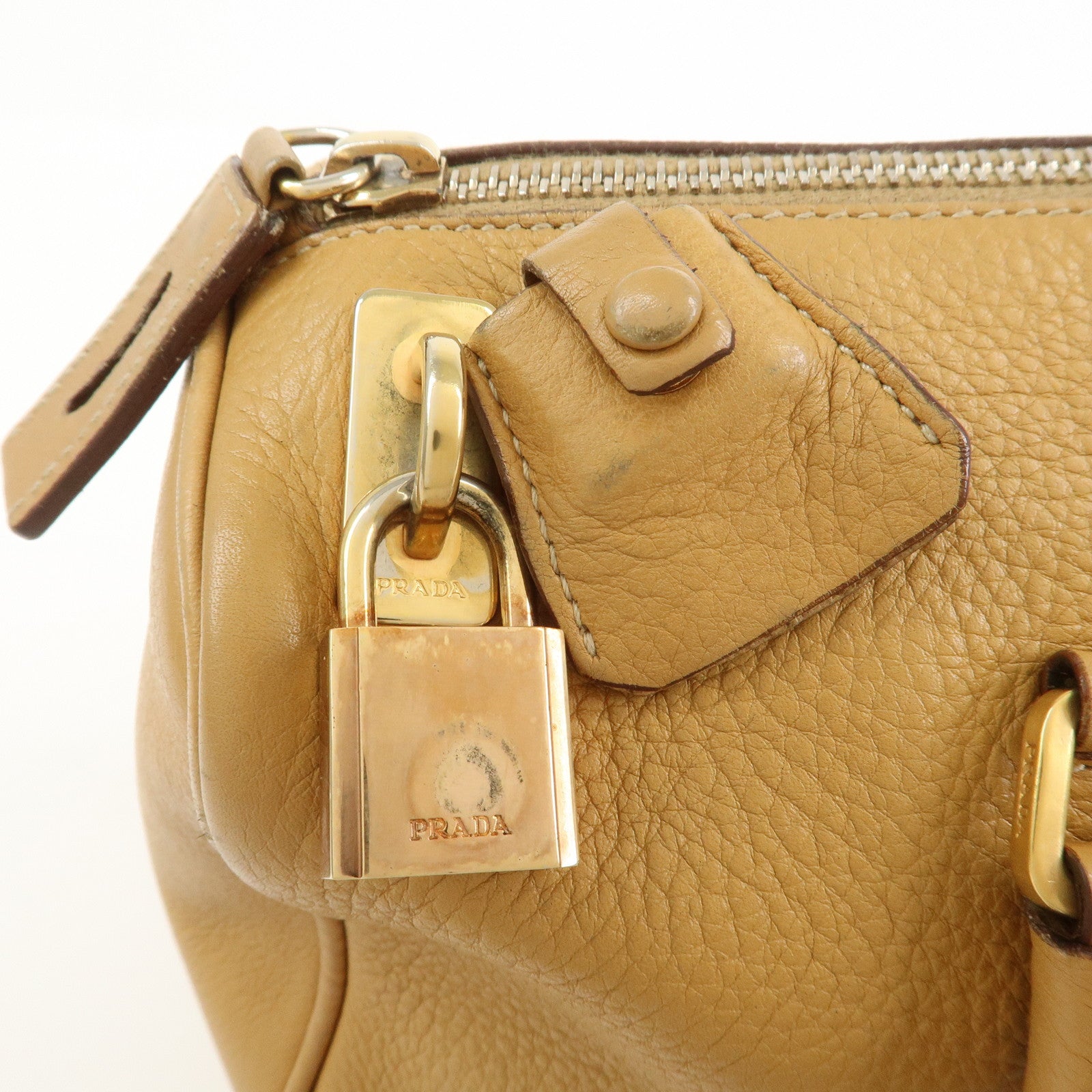 PRADA Leather Hand Bag Boston Bag Hand Bag Beige