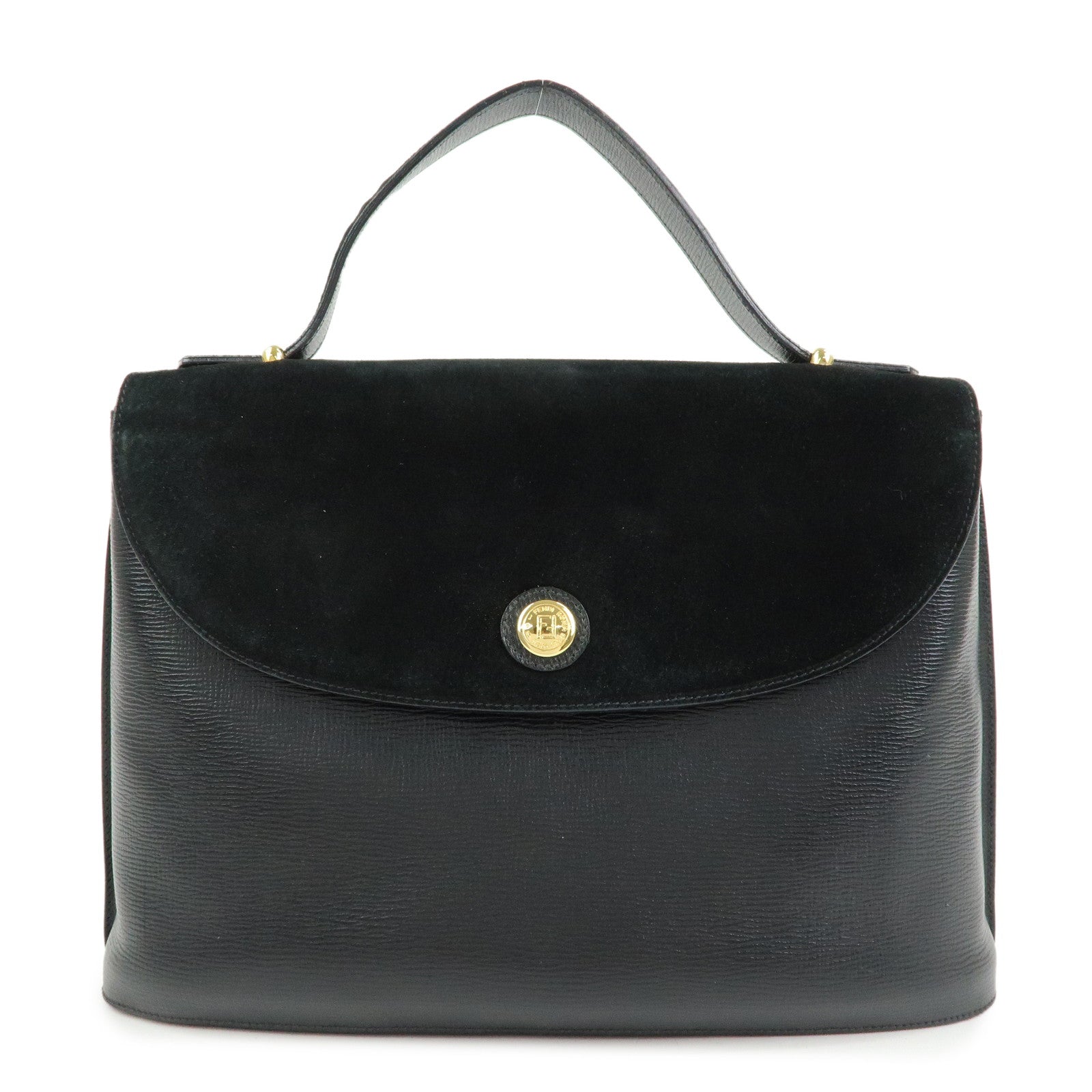 FENDI Top Handle Leather Suede Hand Bag Black 12897