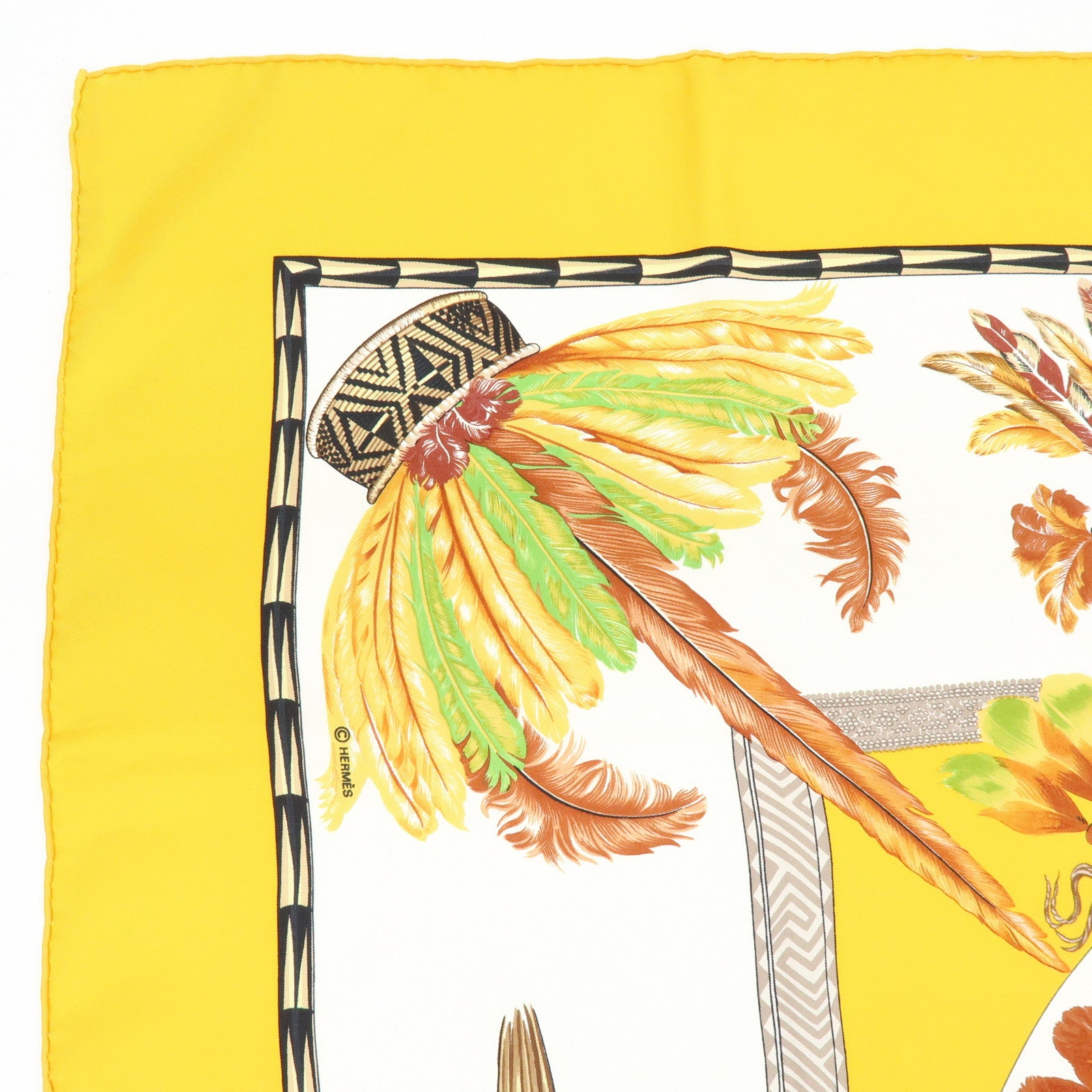 HERMES Carre 90 Silk 100% Scarf Brazil Yellow Brown