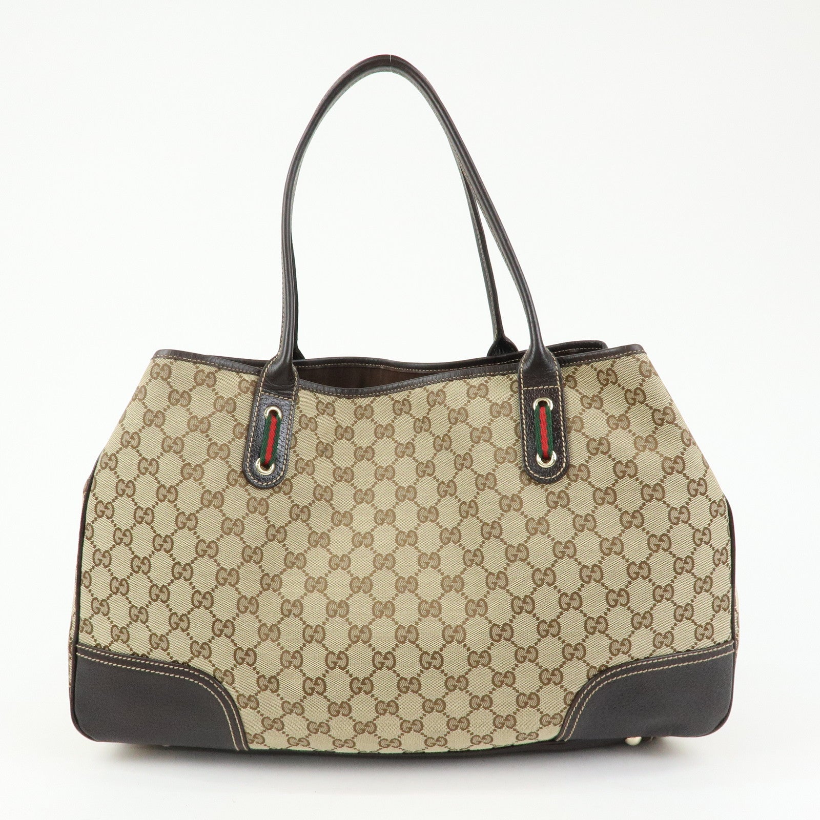 GUCCI Princy GG Canvas Leather Tote Bag Beige Dark Brown 161719