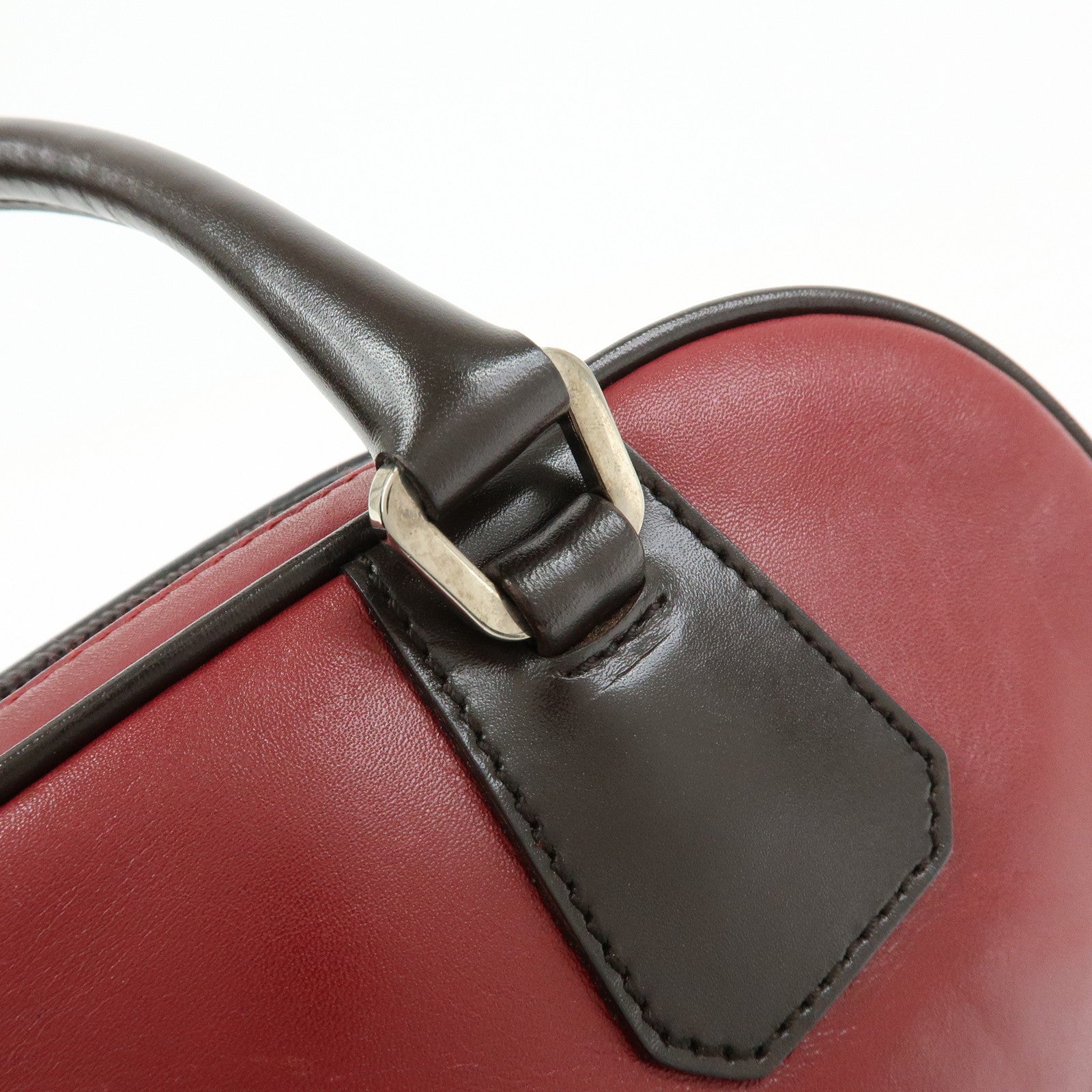 PRADA Leather Bicolor Hand Bag Mini Boston Bag Red Brown